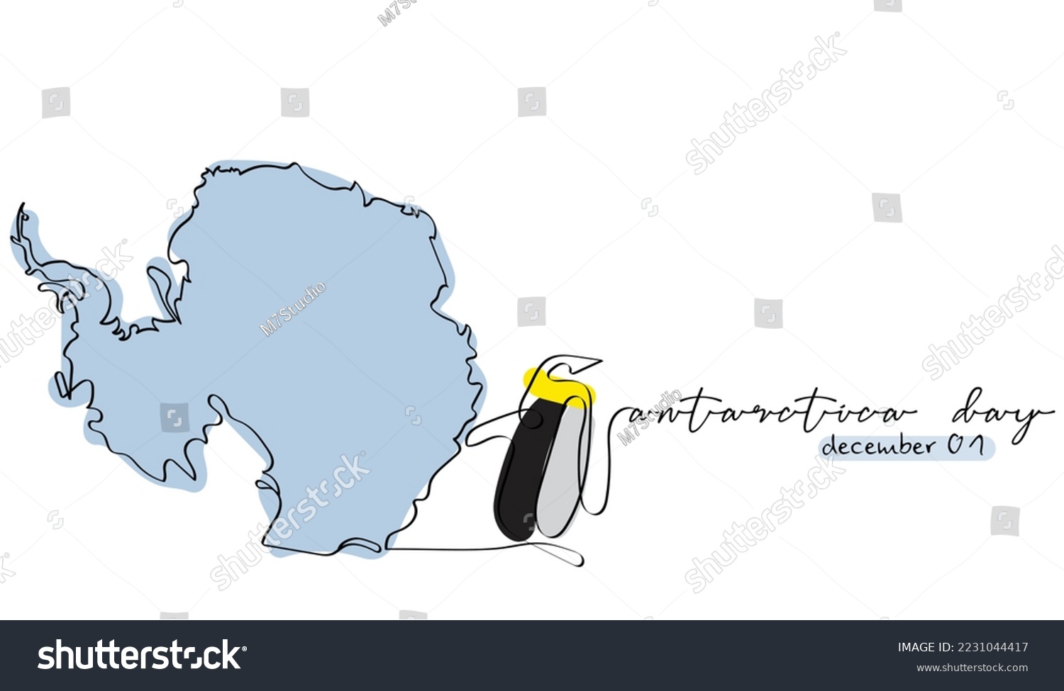 SVG of Continuous line art of Antarctica map and penguin. Antarctica day celebrated on December 1st. Cold and barren continent. Postcard design. Geophysical awareness. Climate changes art vector. svg