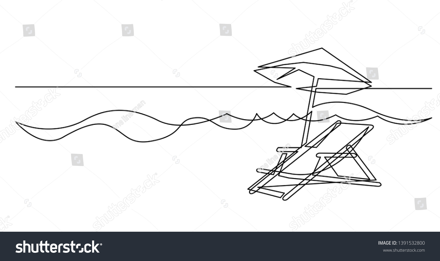 Continuous Line Drawing Beach Chair Umbrella Stock Vector Royalty