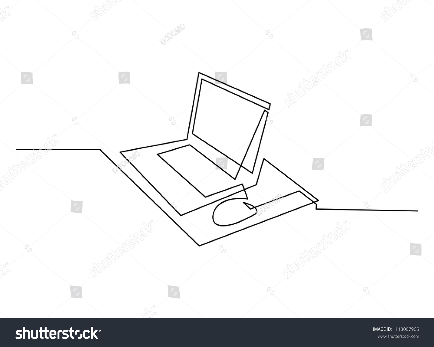 Continuous Line Drawing Computer Desk Furniture Stock Vector (Royalty