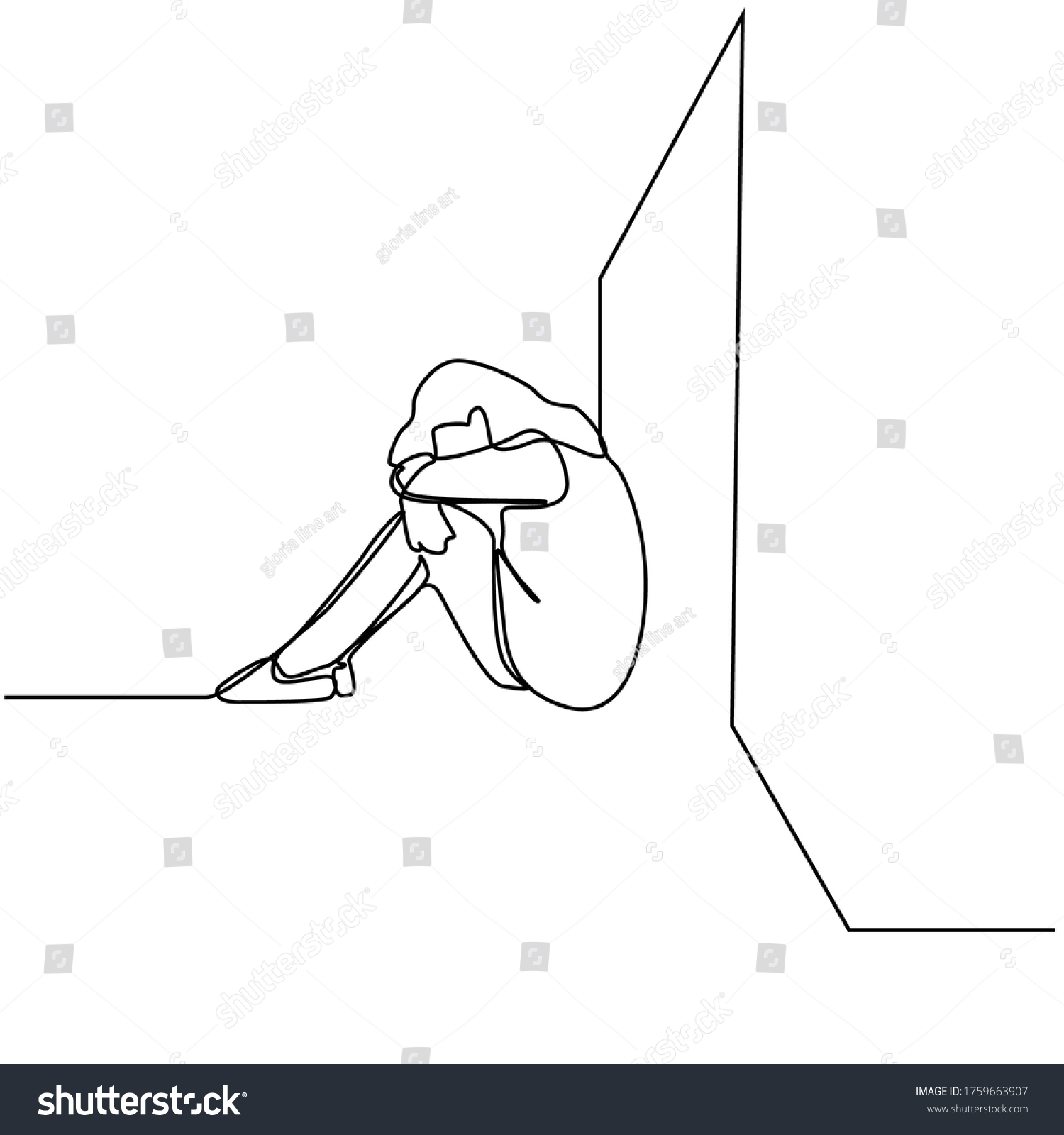 Continuous Line Drawing Depressed Women Emotional Stock Vector (Royalty ...