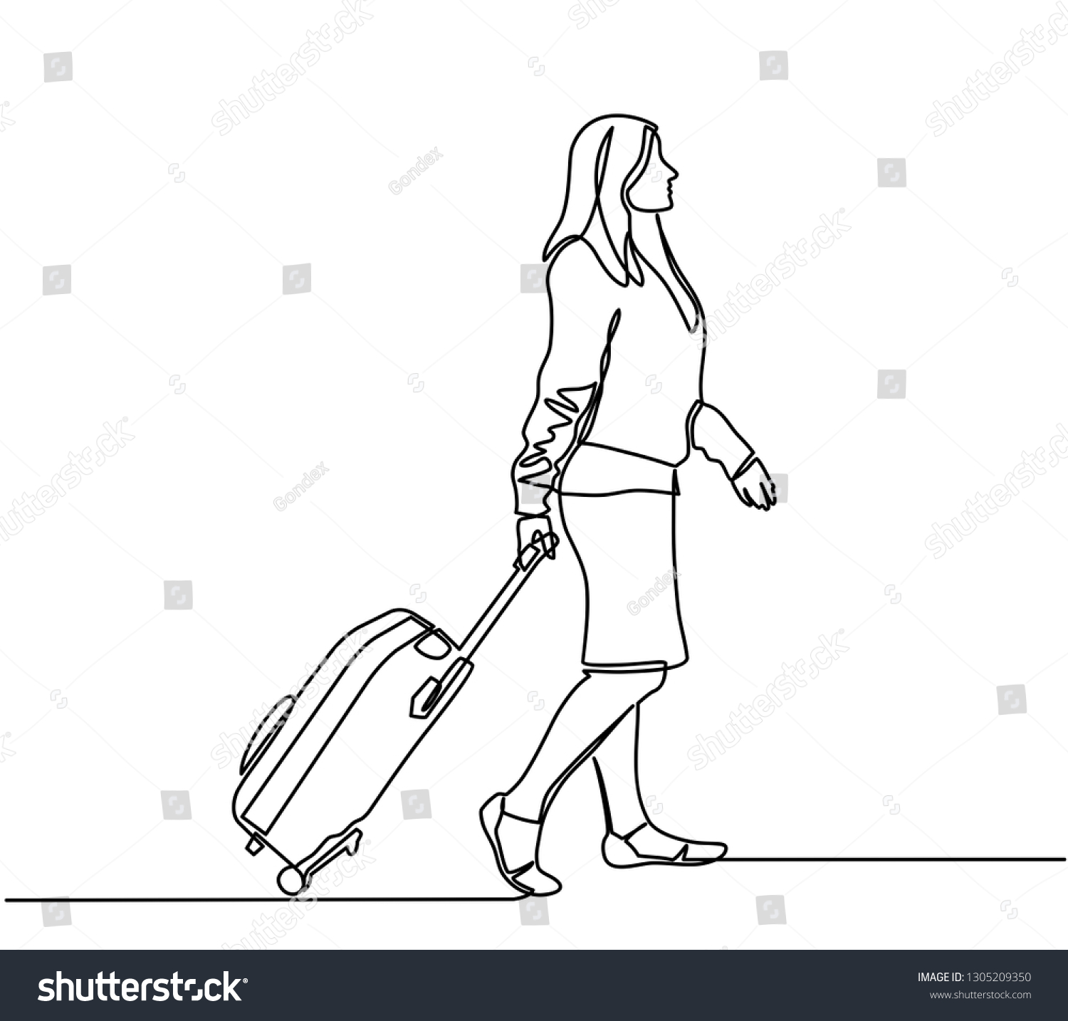 Continuous Line Drawing Woman Pulling Suitcases Stock Vector Royalty Free 1305209350 