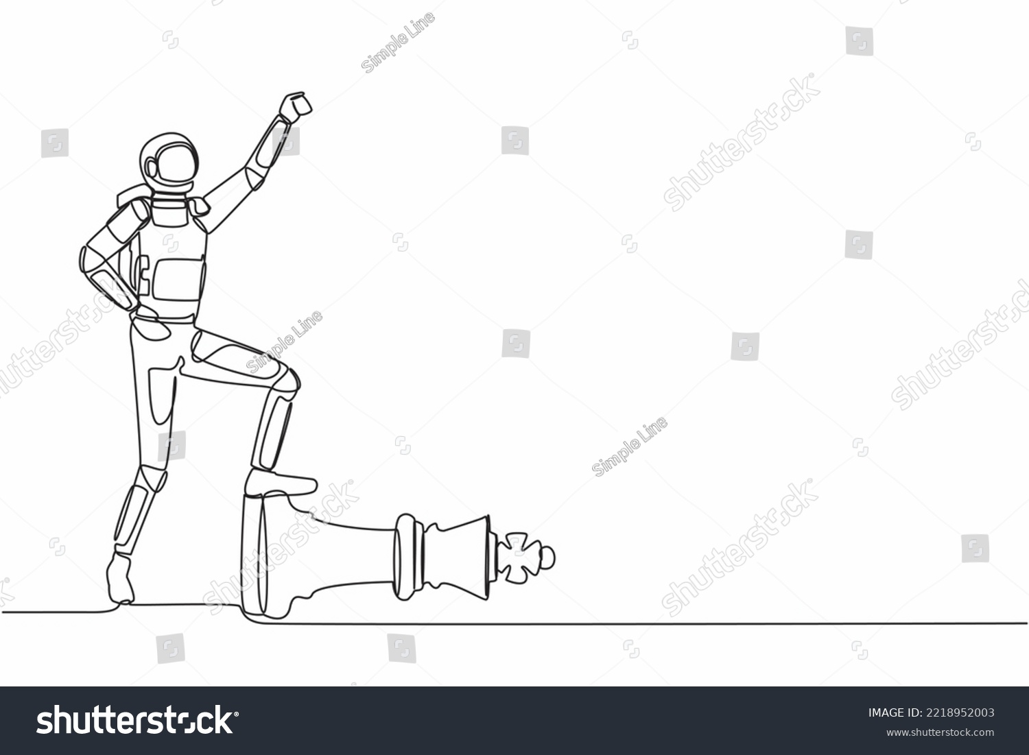 SVG of Continuous one line drawing astronaut clench fist up and step on chess king piece in moon surface. Spaceship pilot victory symbol. Cosmonaut outer space. Single line graphic design vector illustration svg