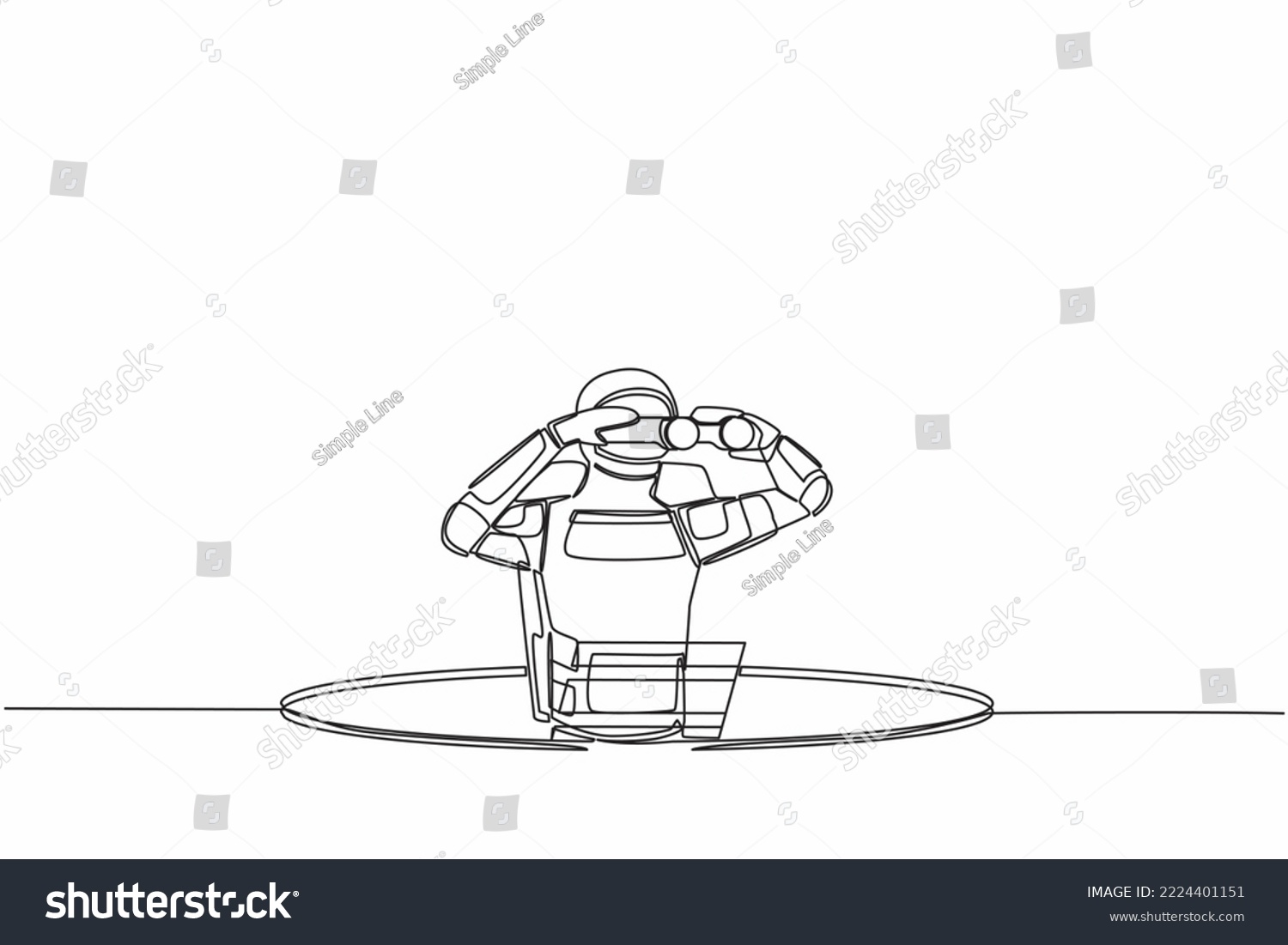 SVG of Continuous one line drawing astronaut climb out of the hole by ladder and using binocular. Spaceship business vision and solution. Cosmonaut outer space. Single line graphic design vector illustration svg