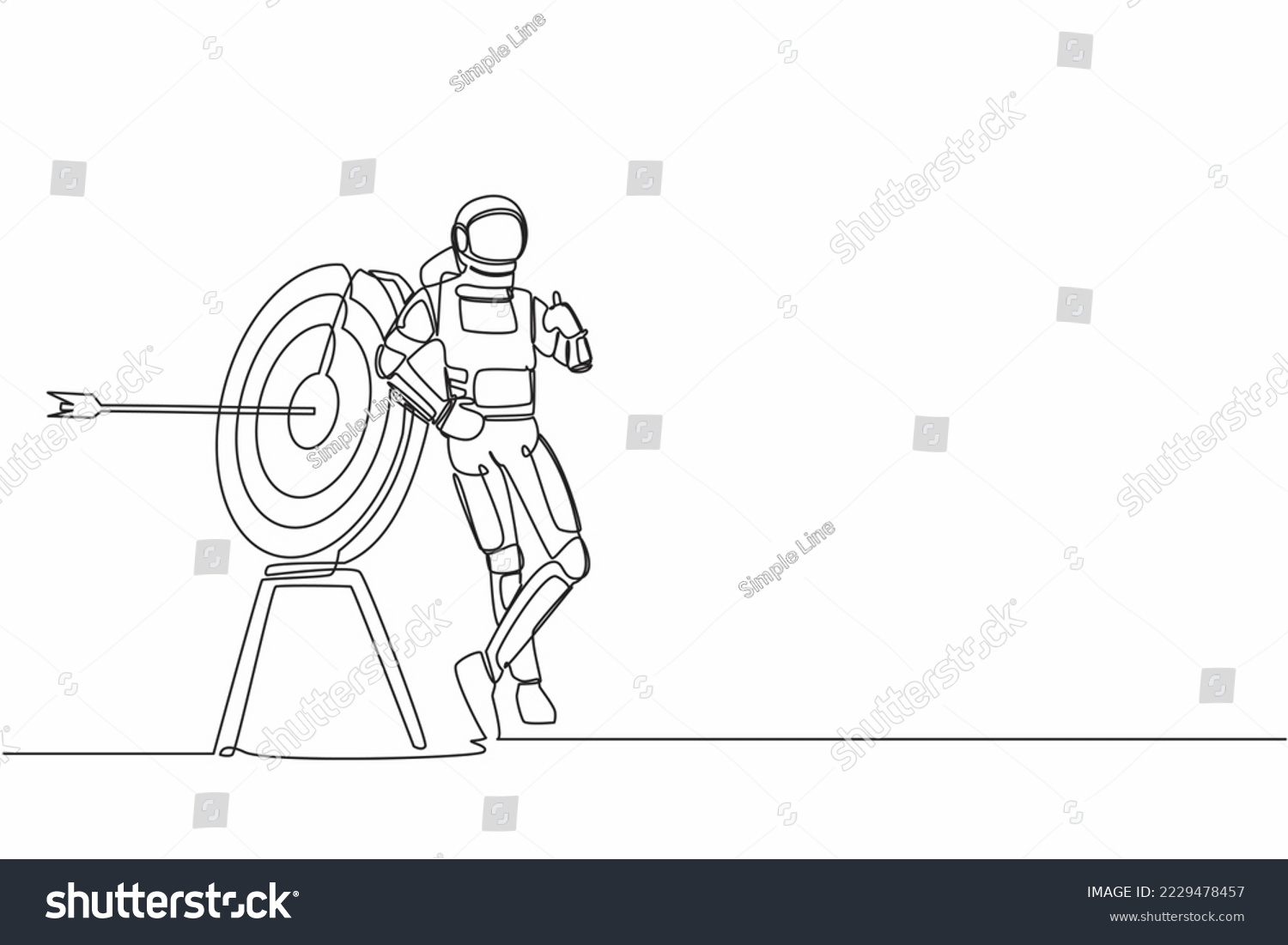 SVG of Continuous one line drawing astronaut leaning on target with thumbs up gesture. Happy with successful starship journey expedition. Cosmonaut outer space. Single line graphic design vector illustration svg
