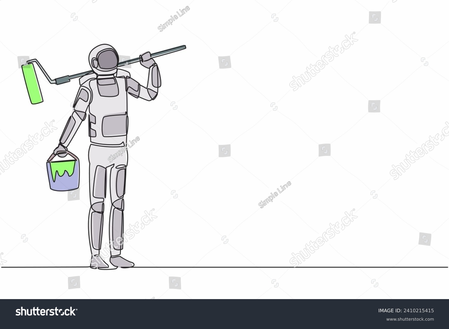 SVG of Continuous one line drawing astronaut painter standing with bucket of paint and paint roller. Future space technology development. Cosmonaut outer space. Single line graphic design vector illustration svg