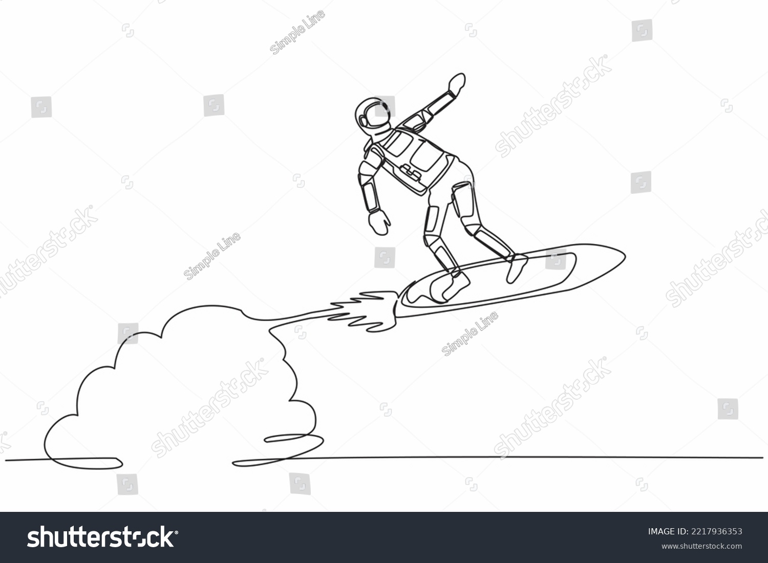 SVG of Continuous one line drawing astronaut riding surfing board rocket flying in moon surface. Exploration between planets in the vast space. Cosmonaut outer space. Single line design vector illustration svg