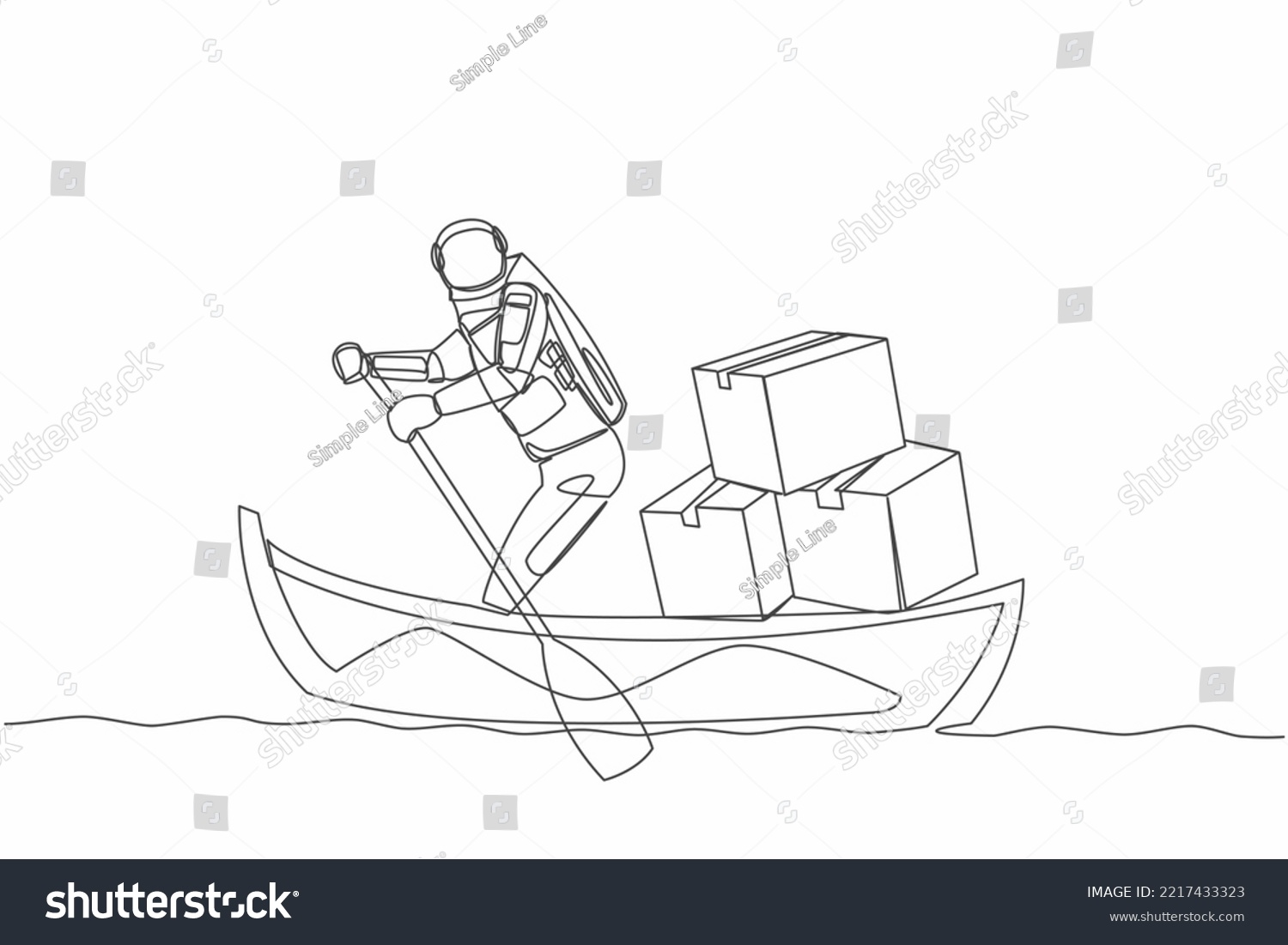SVG of Continuous one line drawing astronaut sailing away on boat with pile of cardboard. Delivery of packages between planets in space. Cosmonaut outer space. Single line design vector graphic illustration svg