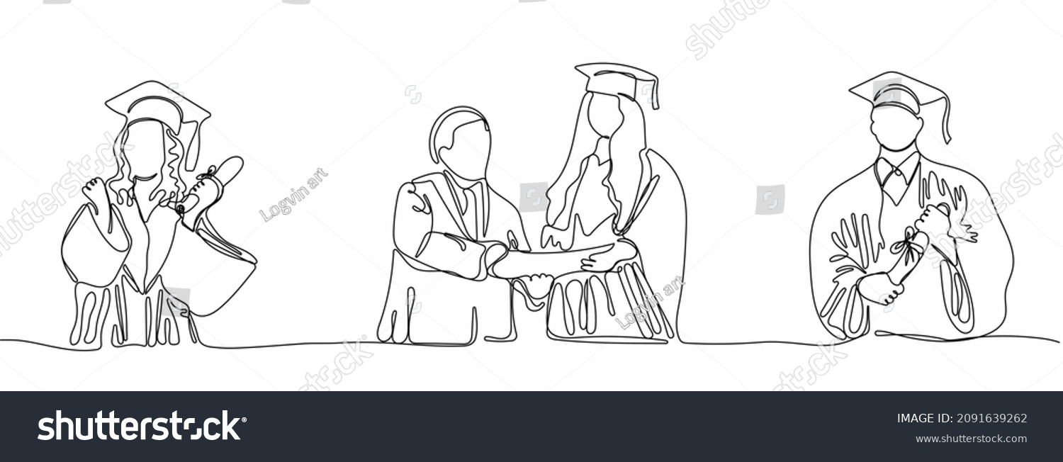 Continuous One Line Drawing Graduates Diplomas Stock Vector Royalty