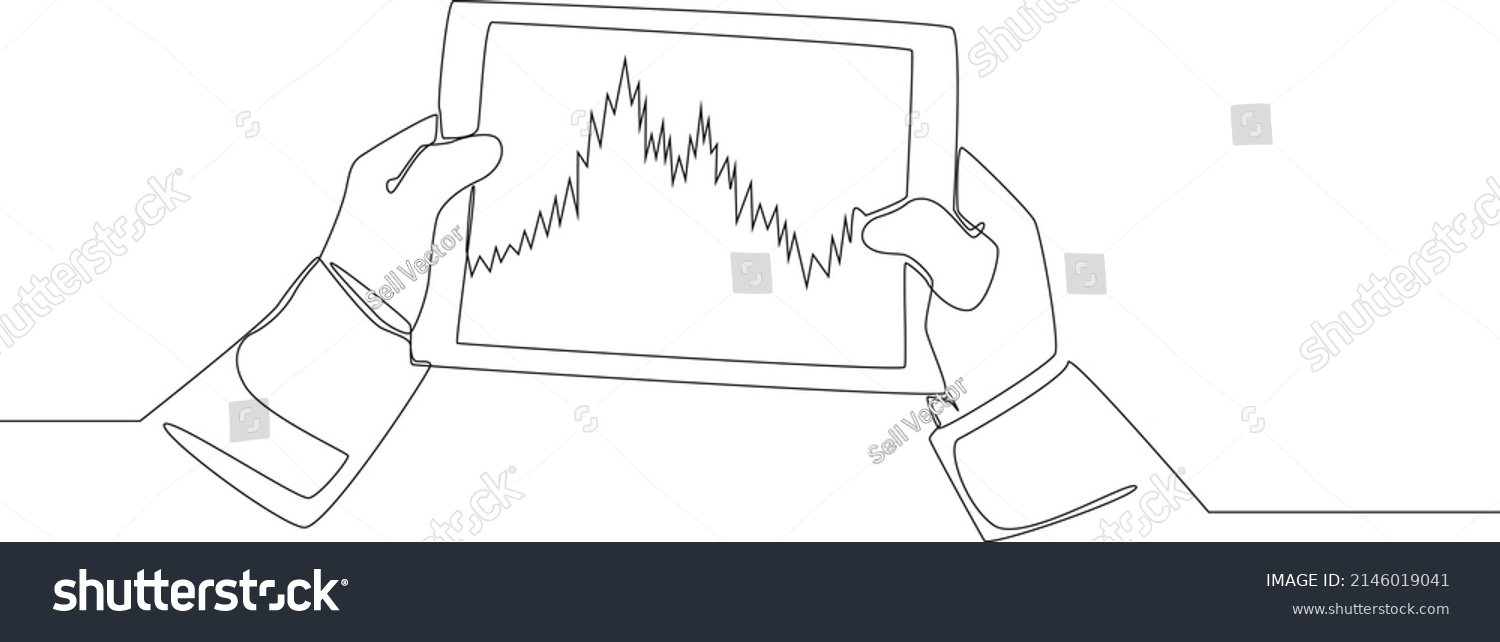 SVG of Continuous one line drawing Hands holding tablet. there is share market graph on screen tablet. Single line draw design vector graphic illustration. svg