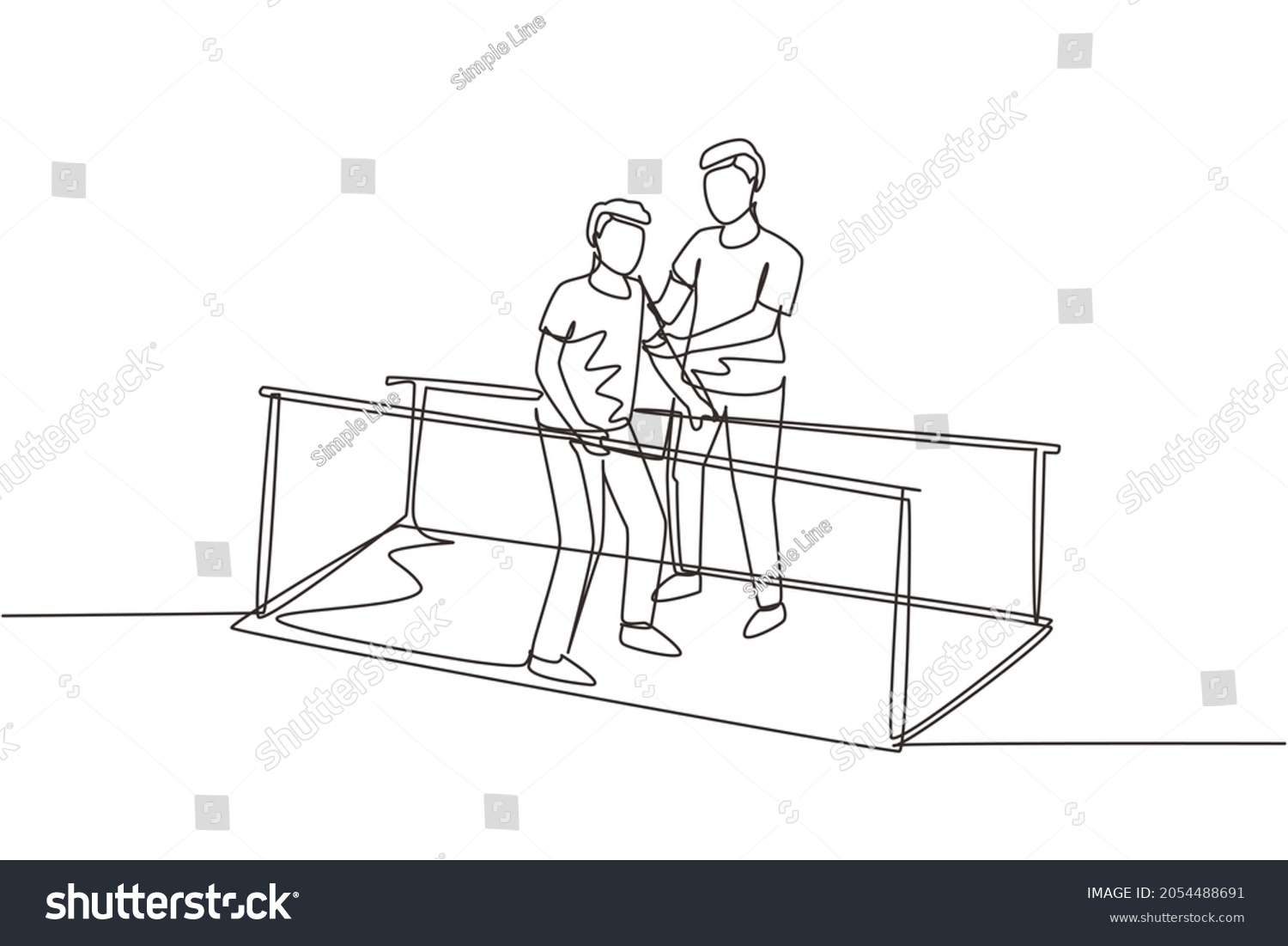 SVG of Continuous one line drawing isometric doctor physiotherapist helping male patient using leg prosthesis to take first step. physical therapy of people with disabilities. Single line draw design vector svg