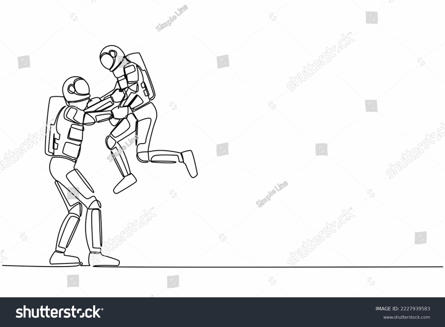 SVG of Continuous one line drawing loving astronaut father carrying his little spaceman son on raised hands. Dad and child playing together. Cosmonaut outer space. Single line draw design vector illustration svg