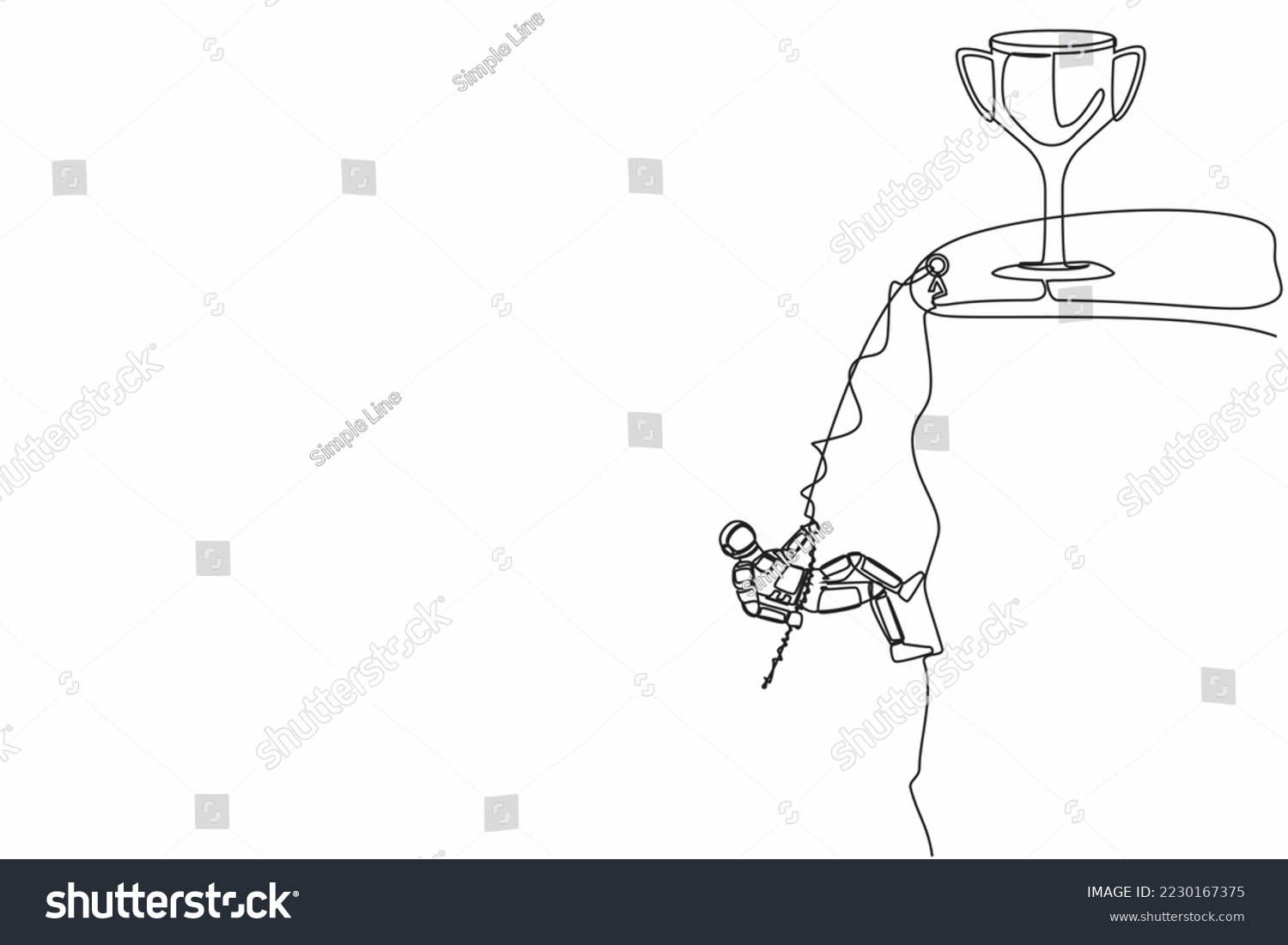SVG of Continuous one line drawing of astronaut climber hanging on rope on top rocky cliff to reach trophy. Struggle in space expedition. Cosmonaut outer space. Single line graphic design vector illustration svg