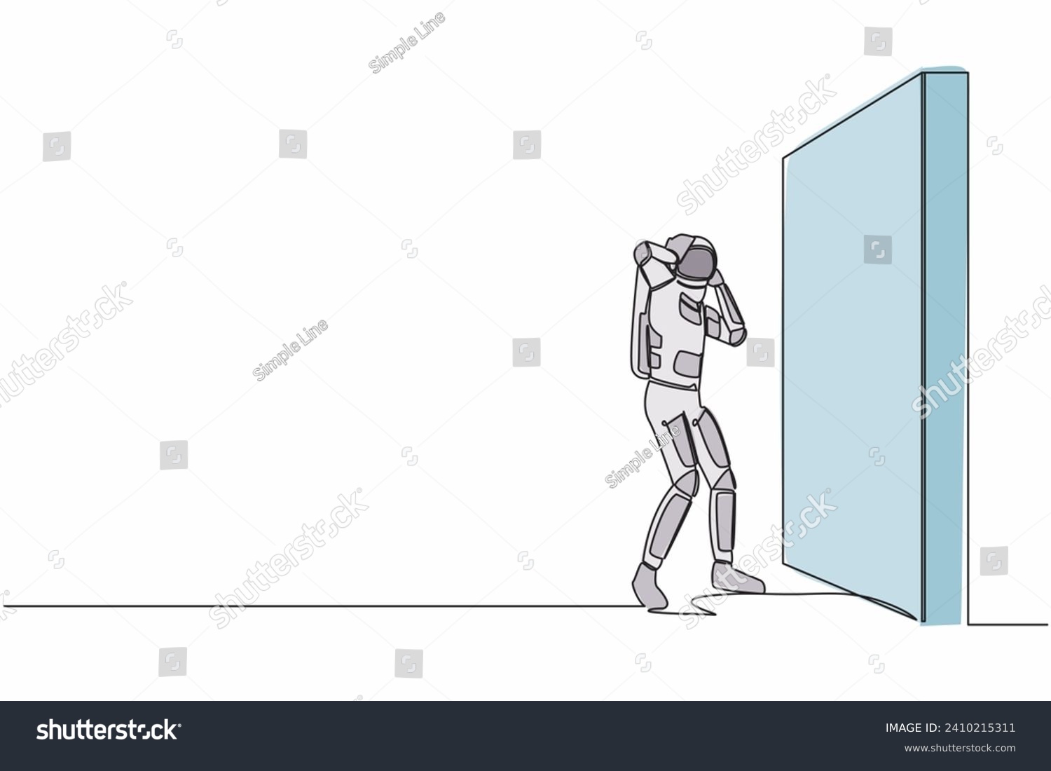 SVG of Continuous one line drawing of astronaut standing and confused in front of brick wall barriers. Stressed due to space expedition. Cosmonaut outer space. Single line graphic design vector illustration svg
