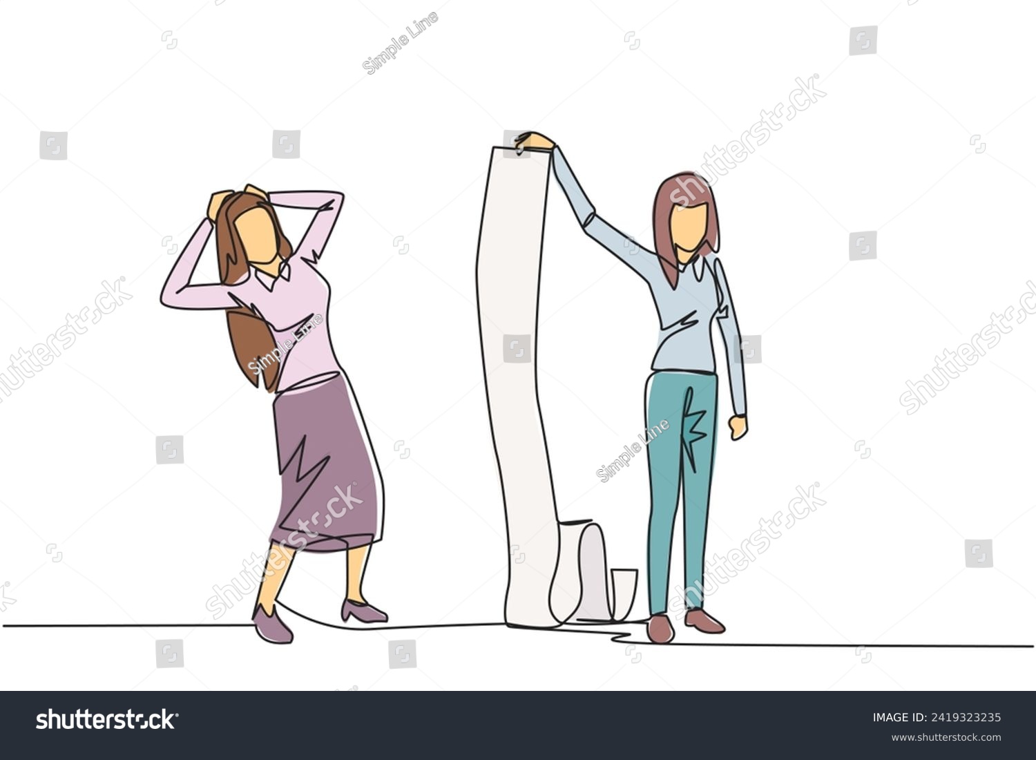 SVG of Continuous one line drawing of shocked businesswoman is shown the bill by his business partner. Many bills have entered the deadline to be paid right now. Single line draw design vector illustration svg