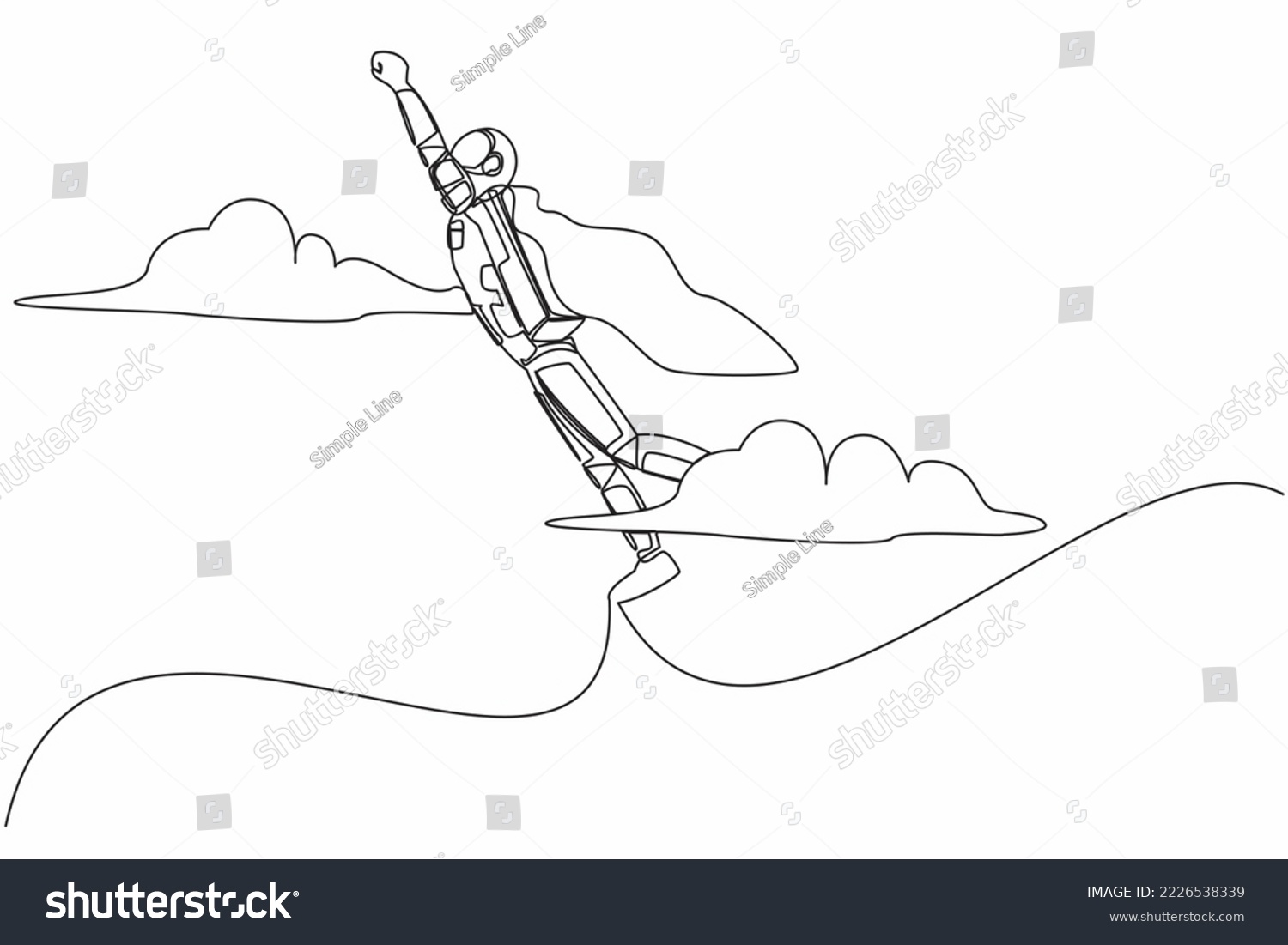 SVG of Continuous one line drawing super young astronaut in cloak flying up to cloud sky. Spaceship startup business idea or launching. Cosmonaut outer space. Single line graphic design vector illustration svg
