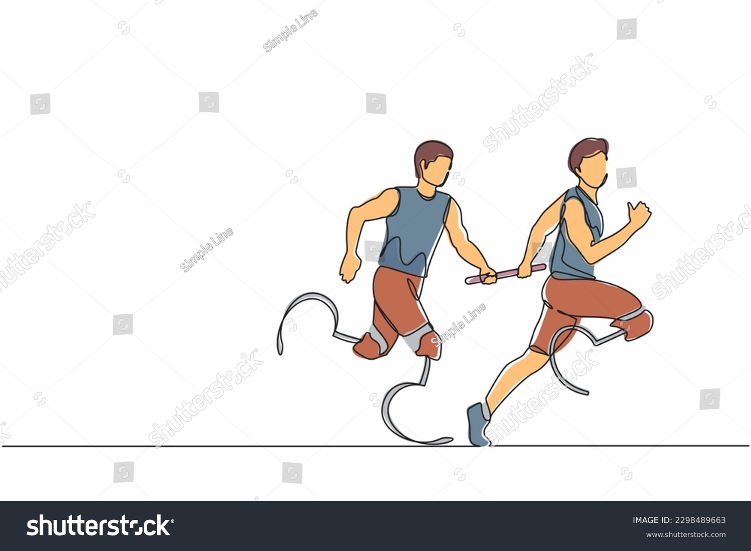 SVG of Continuous one line drawing two disable runners with prosthesis leg, disability men, amputee athletes, amputees running in relay race handing over the baton. Single line draw design vector graphic svg