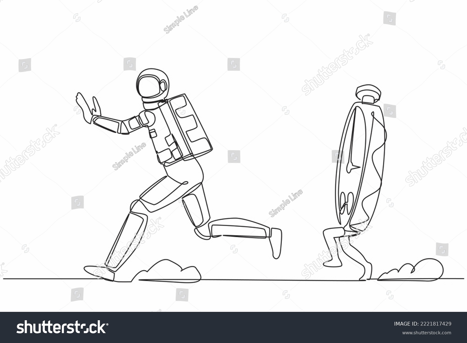 SVG of Continuous one line drawing young astronaut being chased by stopwatch. Afraid in project spaceship measurement and deadline. Cosmonaut outer space. Single line draw graphic design vector illustration svg