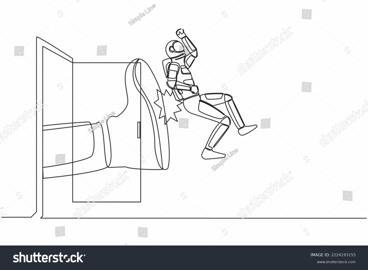 SVG of Continuous one line drawing young astronaut get kicked out of door. Dismissed from his job. Boss kicks unnecessary spaceman. Cosmonaut outer space. Single line draw graphic design vector illustration svg