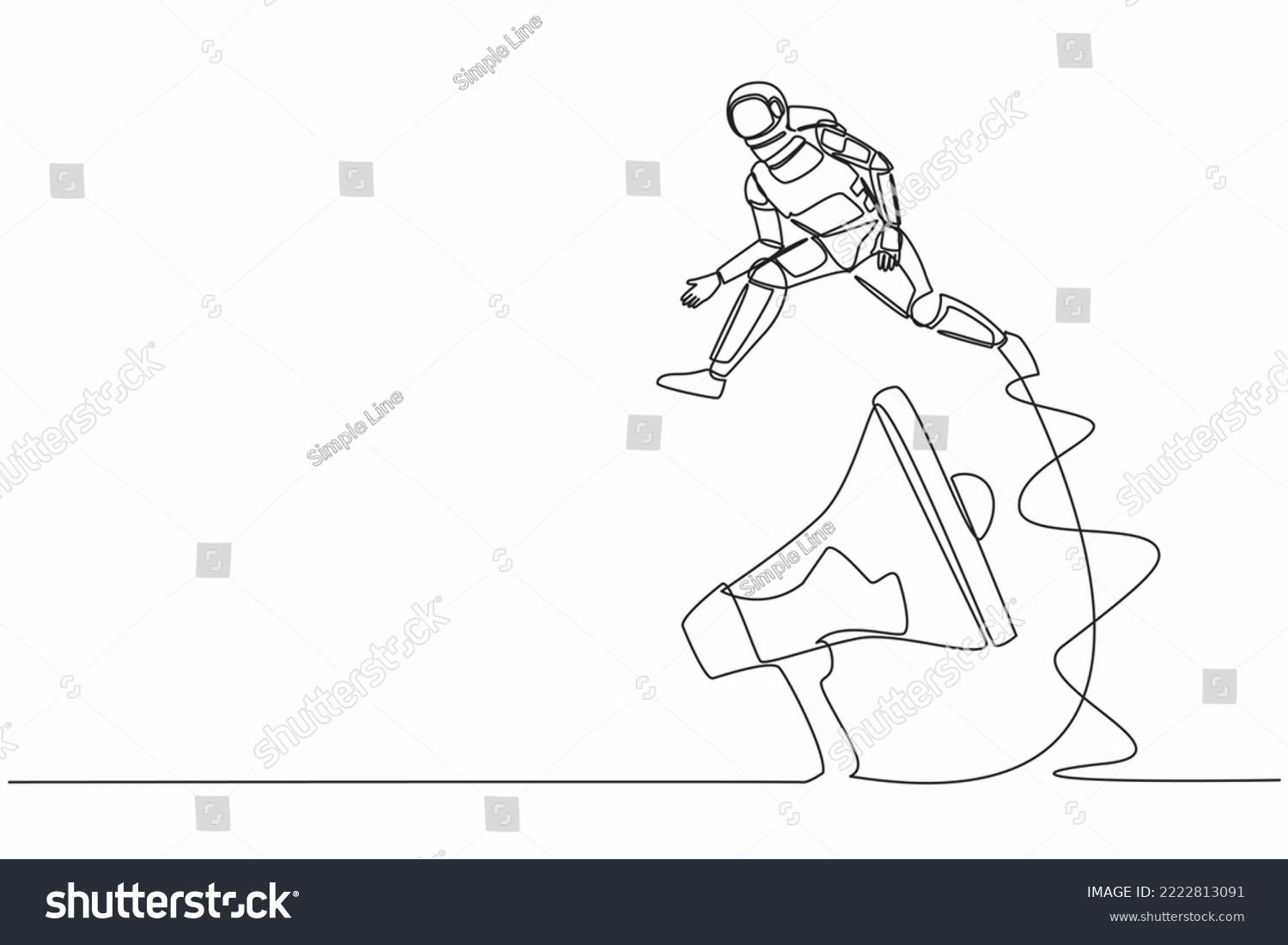 SVG of Continuous one line drawing young astronaut jumping over big megaphone. Loudspeaker technology. Announcement in space office control. Cosmonaut outer space. Single line draw design vector illustration svg