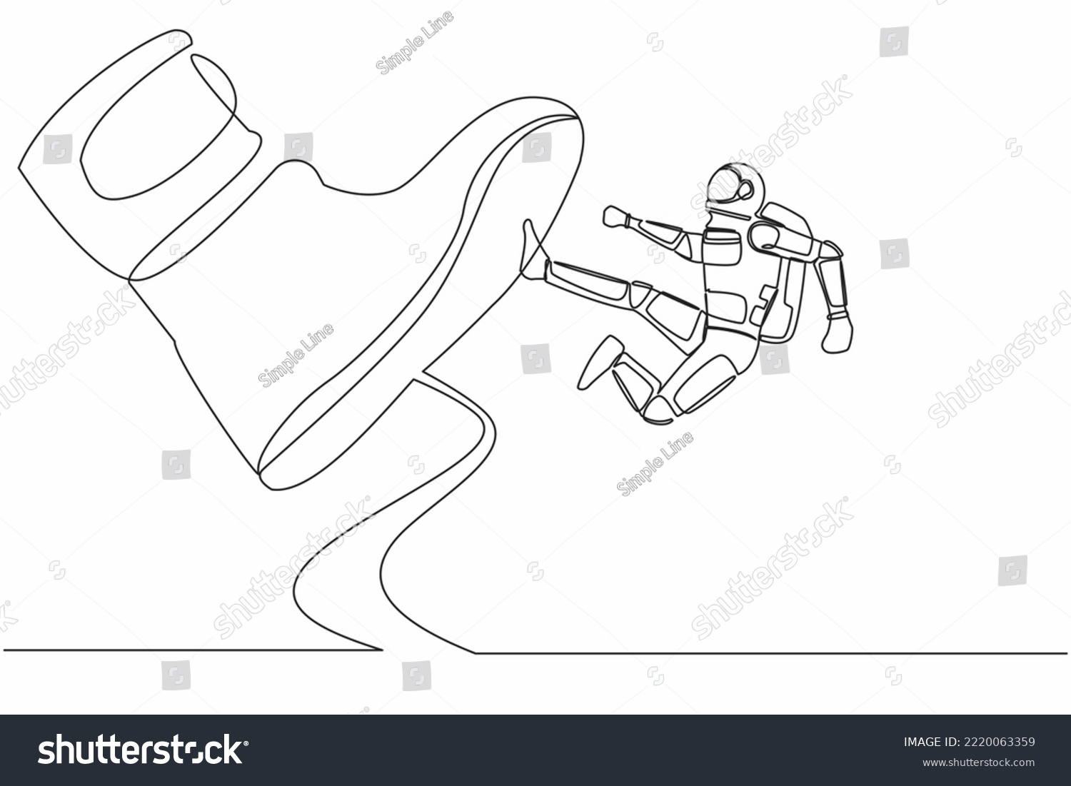 SVG of Continuous one line drawing young astronaut kick giant foot stomp in moon surface. Spaceman doing flying kick to big boot. Cosmonaut outer space concept. Single line graphic design vector illustration svg