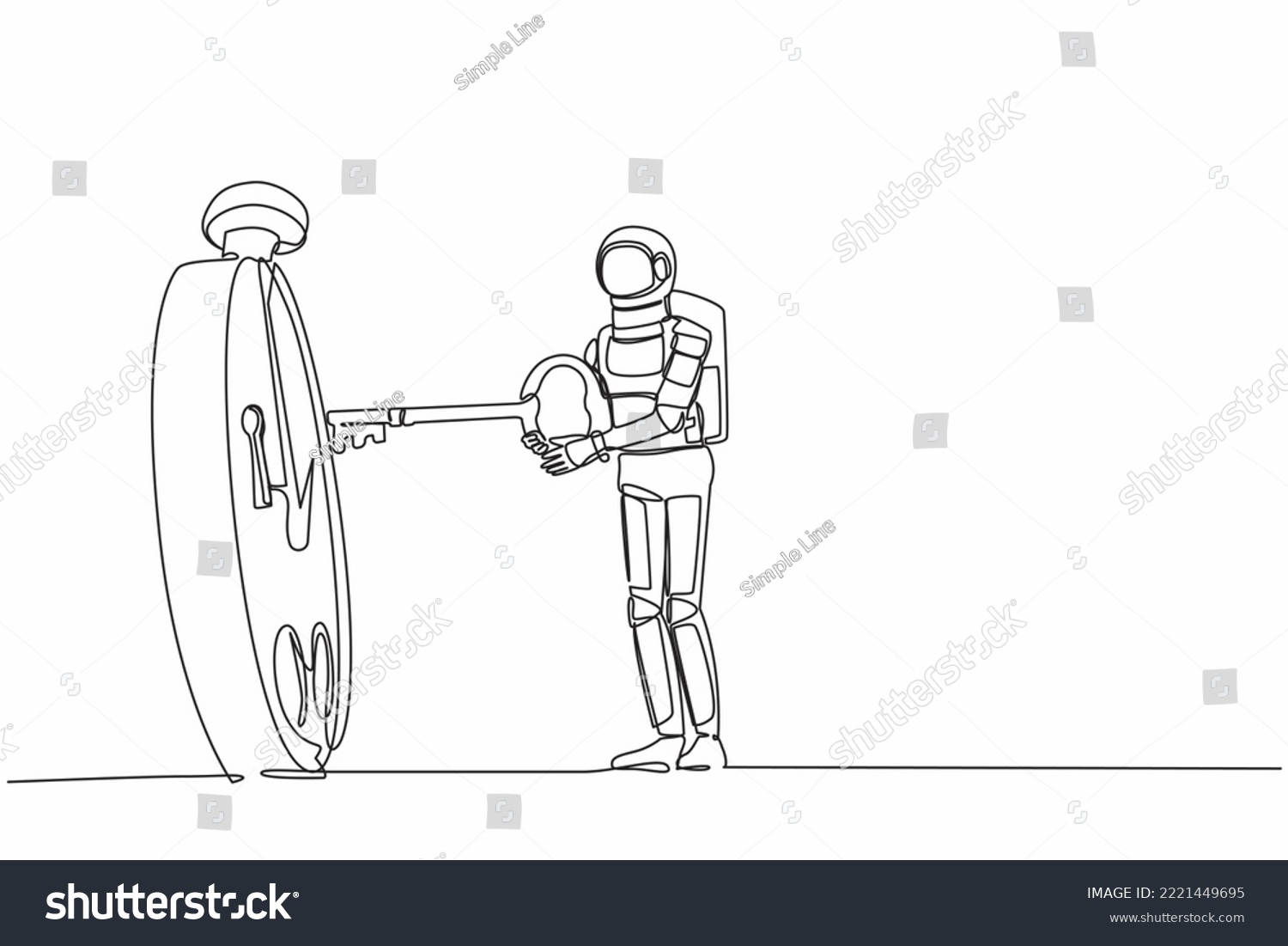 SVG of Continuous one line drawing young astronaut putting big key into stopwatch. Effective planning for productive work in space company. Cosmonaut outer space. Single line draw design vector illustration svg