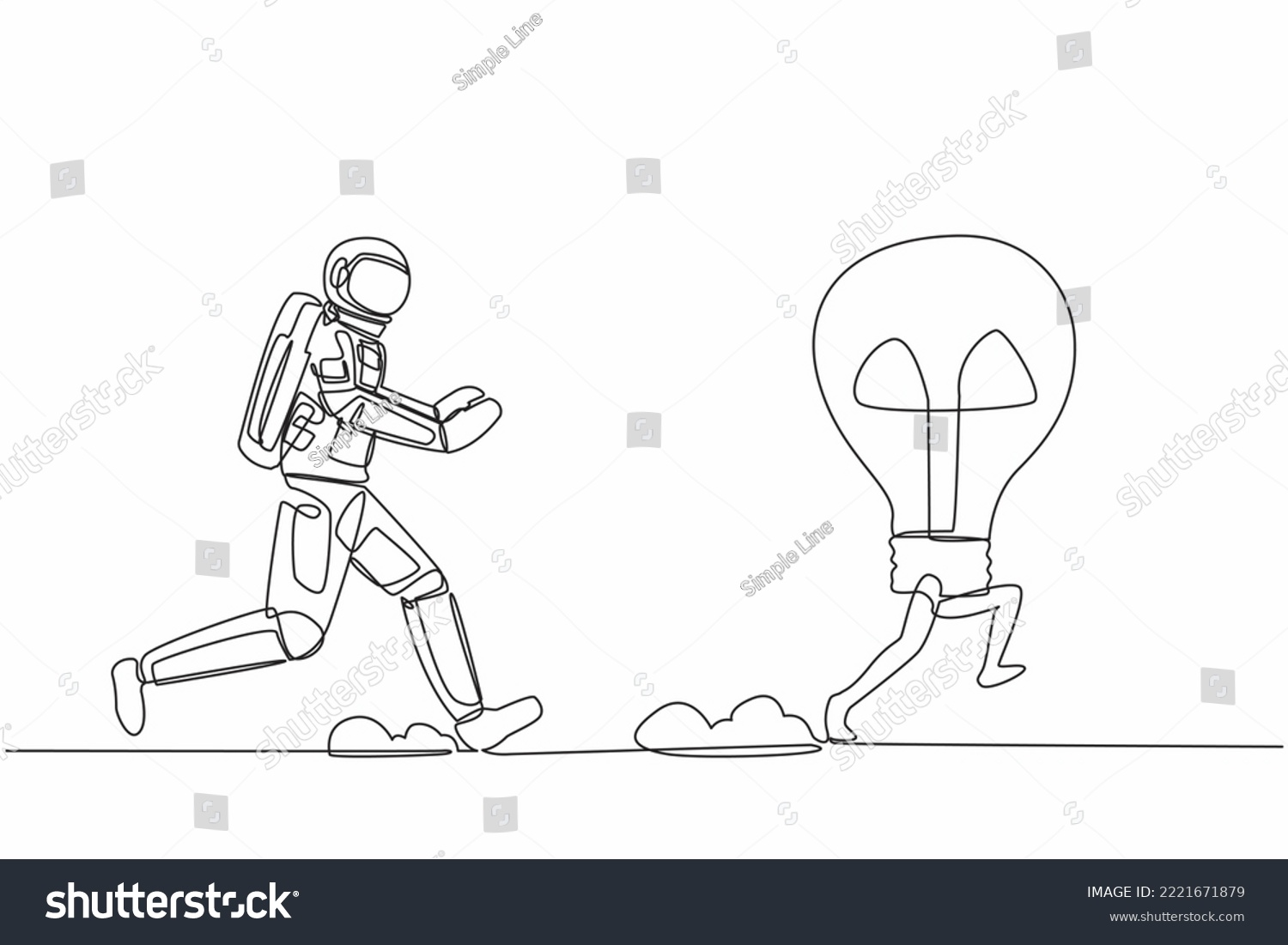 SVG of Continuous one line drawing young astronaut run chasing light bulb in moon surface. Innovation in discovery of new planets. Cosmonaut outer space concept. Single line draw design vector illustration svg