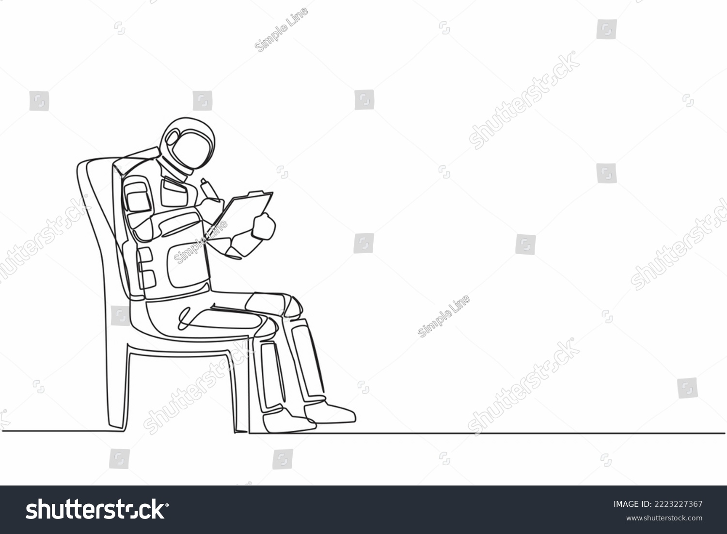 SVG of Continuous one line drawing young astronaut sitting on chair and writing on clipboard. Spaceship exploration plan strategy. Cosmonaut outer space. Single line draw graphic design vector illustration svg
