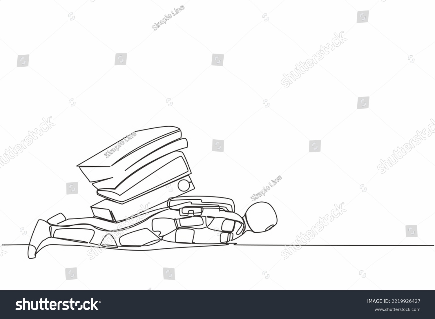 SVG of Continuous one line drawing young astronaut under heavy pile paper folder burden. Tired spaceman due to galactic exploration. Cosmonaut outer space. Single line draw graphic design vector illustration svg