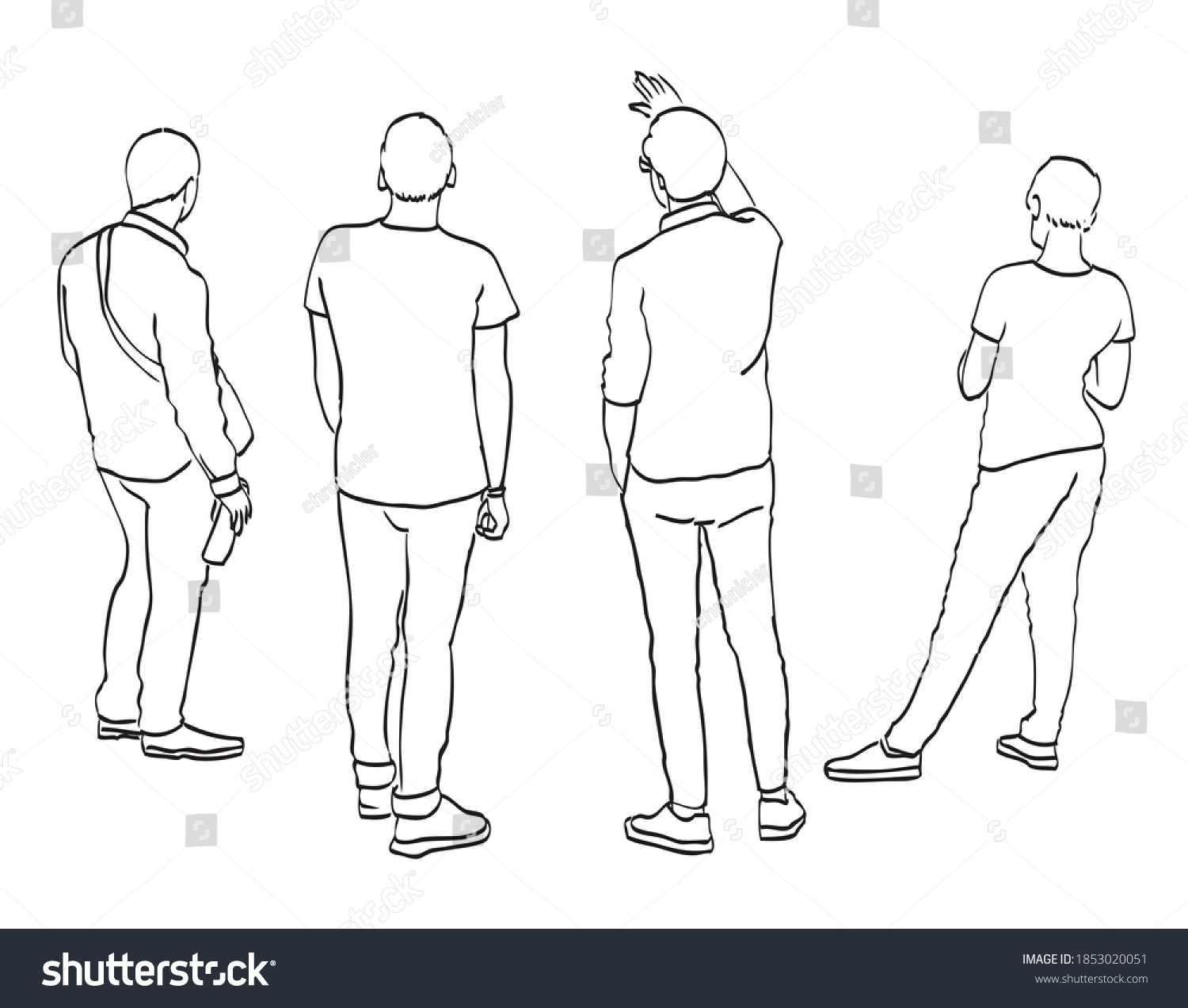 Contour Drawing Group Young People Standing Stock Vector (Royalty Free