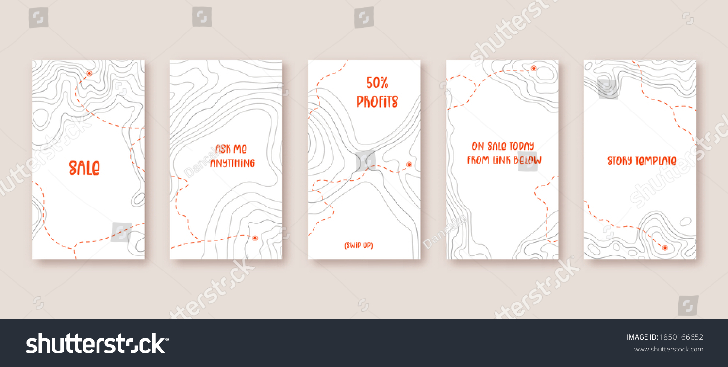 SVG of Contour lines on topographic maps, geographic map pattern. Vector set of social media stories template with copy space svg