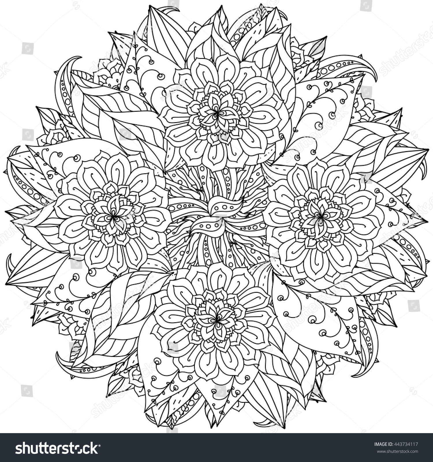 Contoured Mandala Shape Flowers For Adult Coloring Book In Zen Art Therapy Style Anti Stress