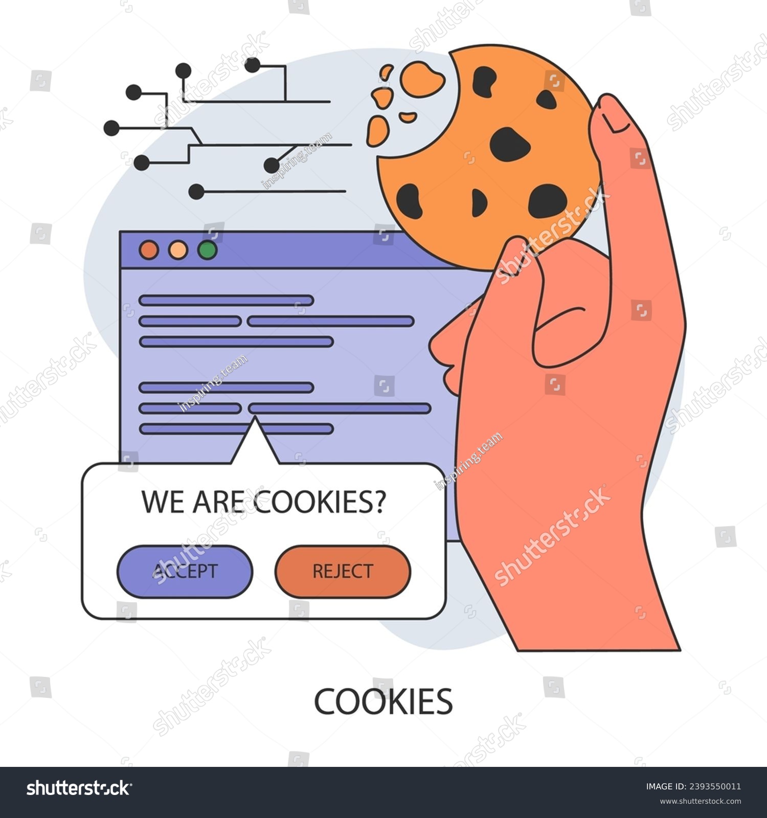 SVG of Cookie technology. Web browser session tracking. Access to user computer and confidential information. Device identification and web browsing experience improvement. Flat vector illustration svg