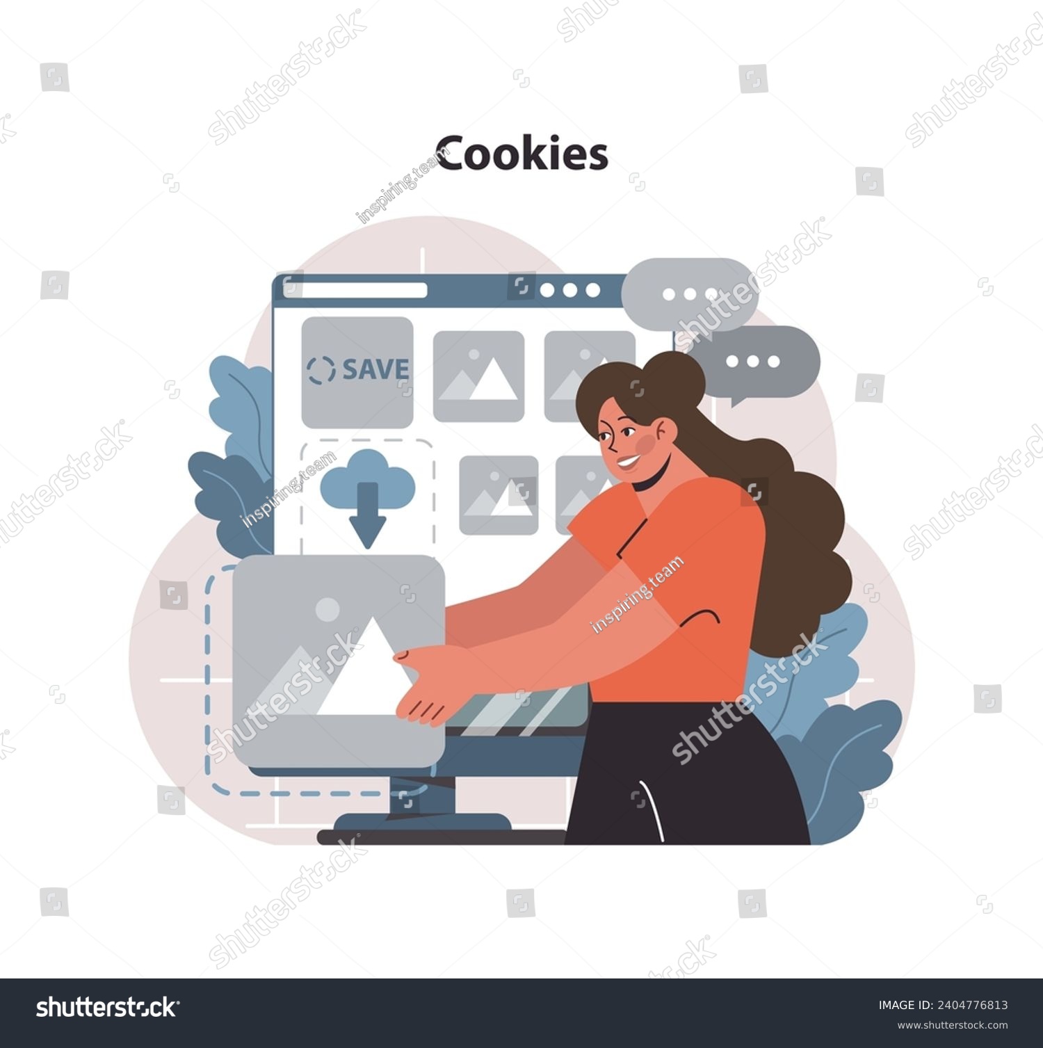 SVG of Cookies concept. Smiling woman interacts with a webpage displaying Save and cloud icons, indicating data storage preferences. Digital privacy and user experience. Flat vector illustration svg