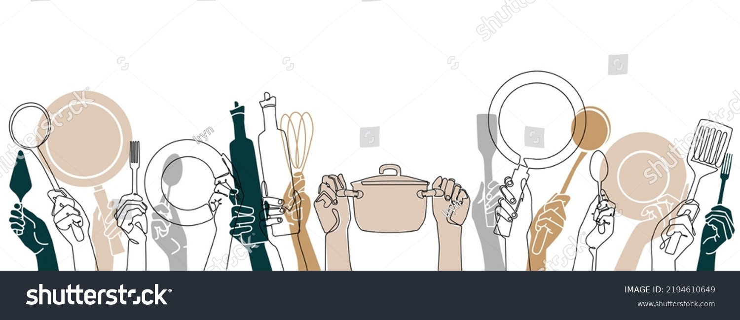 hands holding kitchen utensils line art clip art preview
