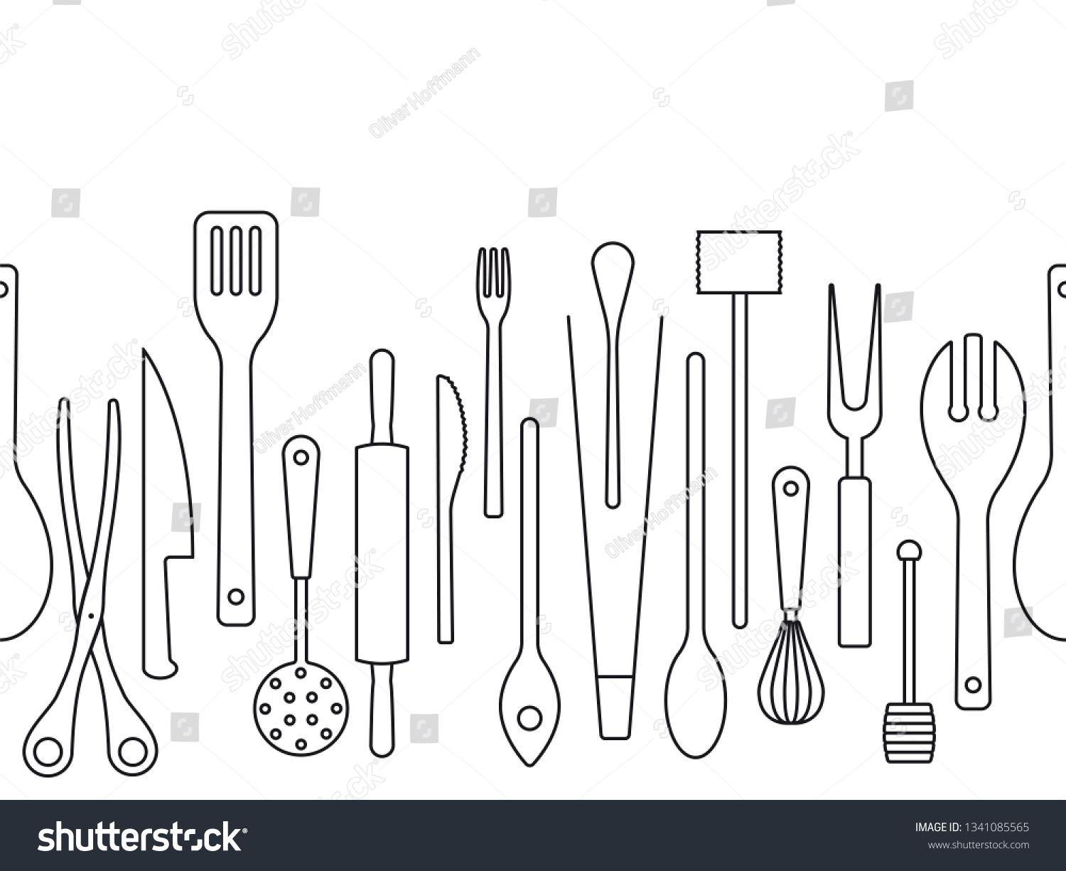 Kitchen Utensils Graphics Images Stock Photos Vectors Shutterstock   Stock Vector Cooking Utensils Outlines Seamless Border Vector Illustration 1341085565 