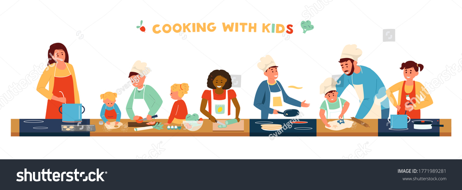 SVG of Cooking With Children Horizontal Banner. Different age and race children In Aprons And Chef Hat Cooking With Adults. Making soup, Pancakes, Salad, Baking. Kids Cooking Class. Flat Vector Illustration. svg