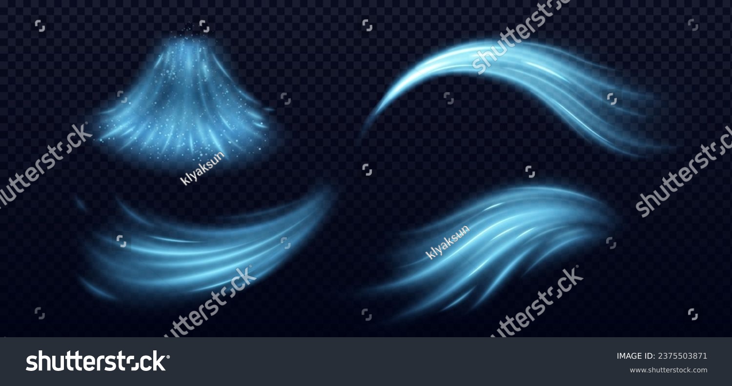 SVG of Cool air waves with wind flow effect. Realistic vector illustration set of blue jets of clear cold airstream with particles. Breath of breeze air with sparkles for purification or conditioner concept. svg