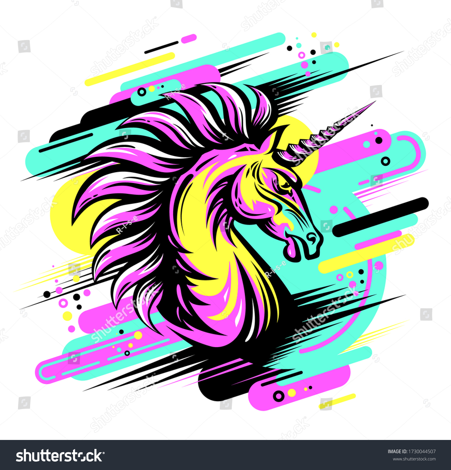 SVG of Cool bright print with angry Unicorn. Fury Magic animal colorful illustration. Vector art for apparel, textile design, fashion, mascot, sport team emblem, teenager stationery, accessories. Neon colors svg