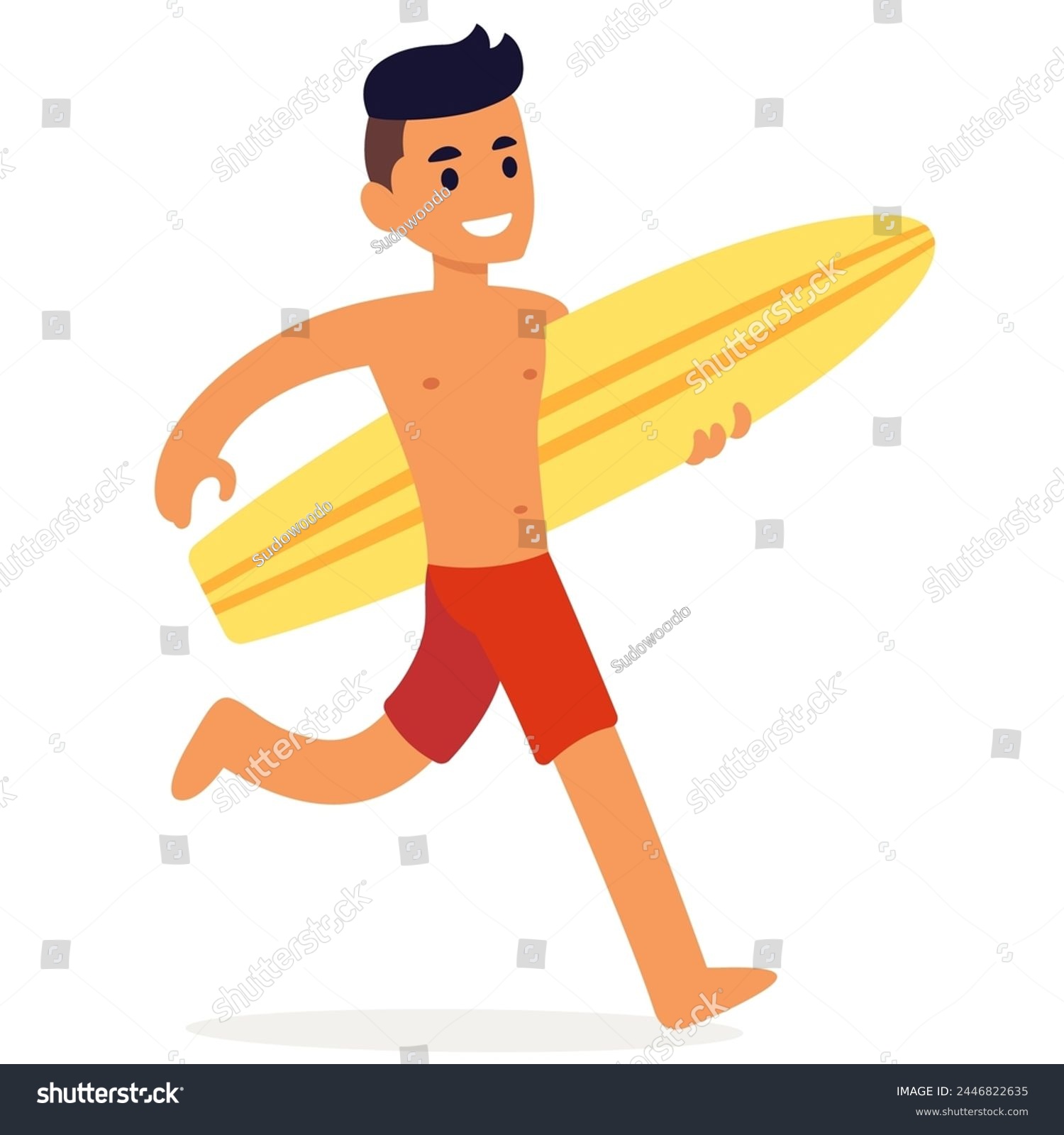 recommend clip art: Cool cartoon surfer character running with surfboard. Surfing vacation, man on beach vector illustration.