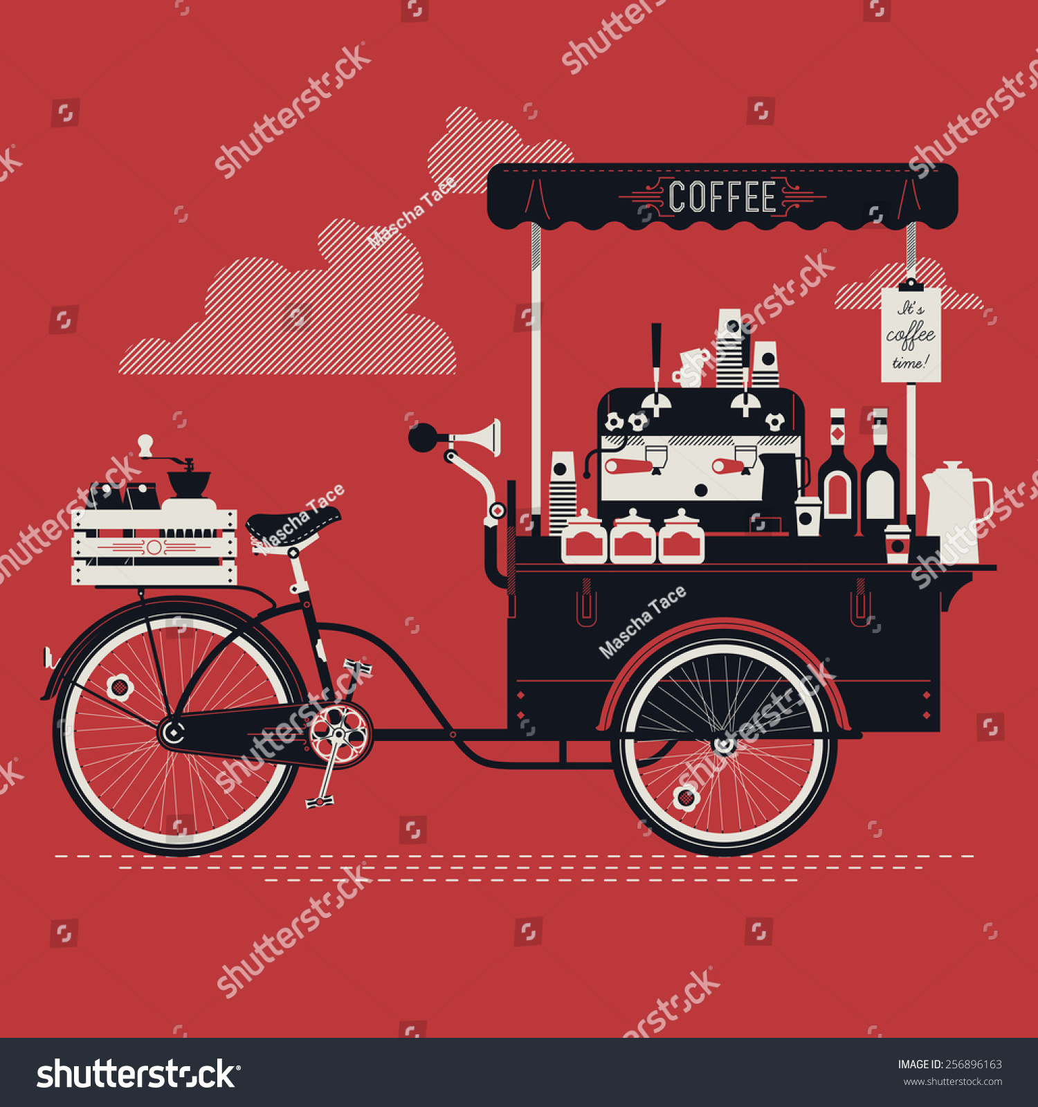 SVG of Cool detailed vector street coffee bicycle cart three colored illustration | Mobile retro bike powered cafe with espresso machine, syrup bottles, wooden crate on rear rack, disposable cups and more svg