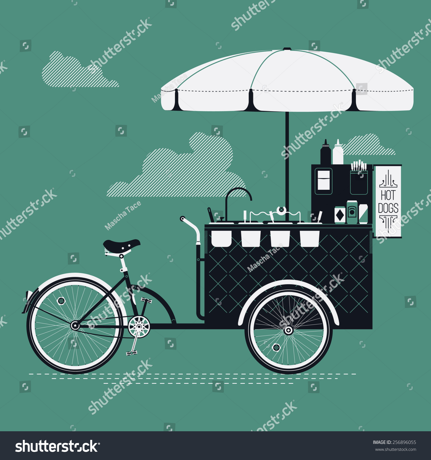 SVG of Cool detailed vector street food bicycle cart creative illustration | Mobile retro bike powered hot dog stand with parasol sunshade, topping containers, ketchup and mustard bottles and more svg