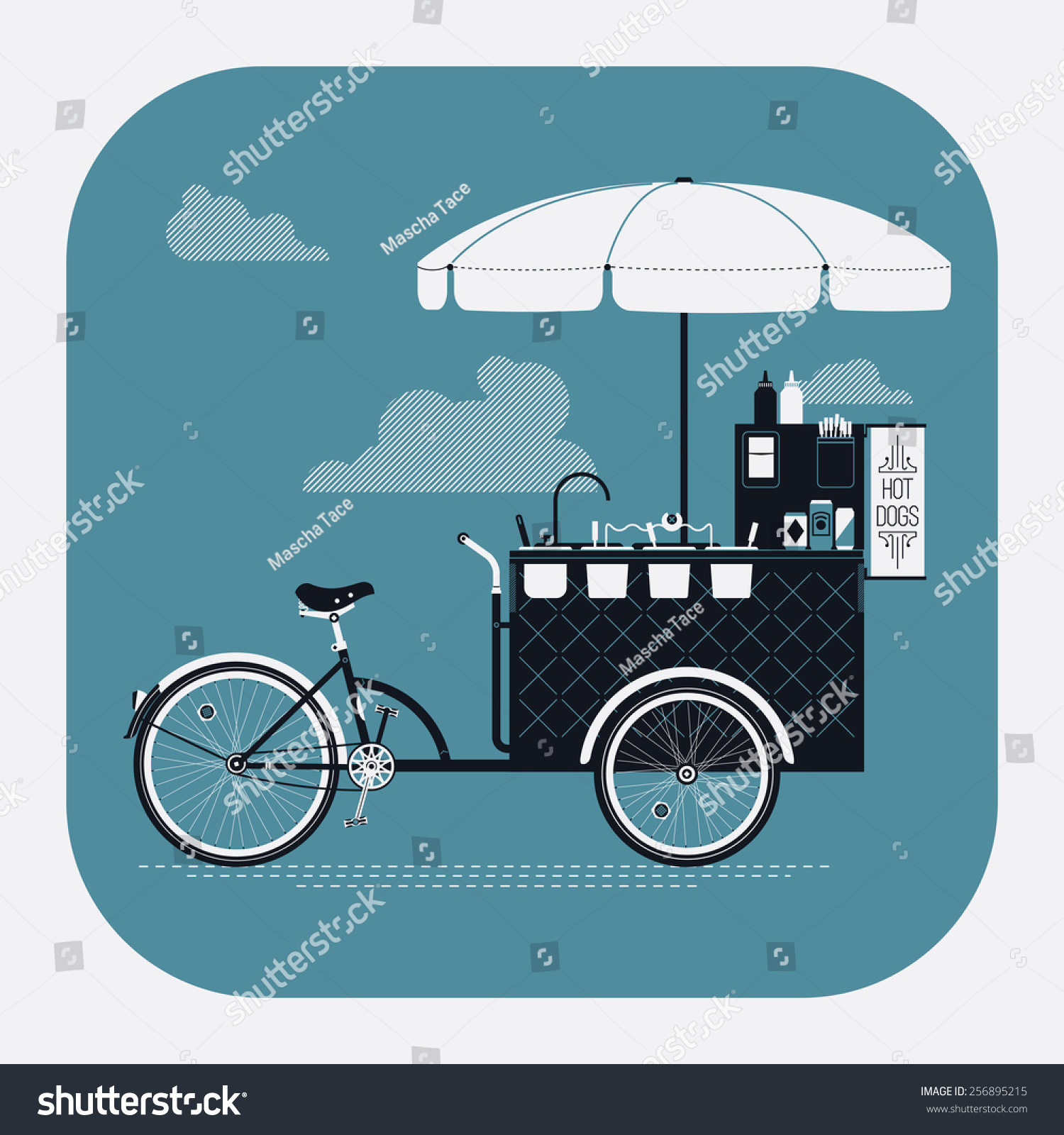 SVG of Cool detailed vector street food bicycle cart rounded corners web icon | Mobile retro bike powered hot dog stand with parasol sunshade, topping containers, ketchup and mustard bottles and more svg