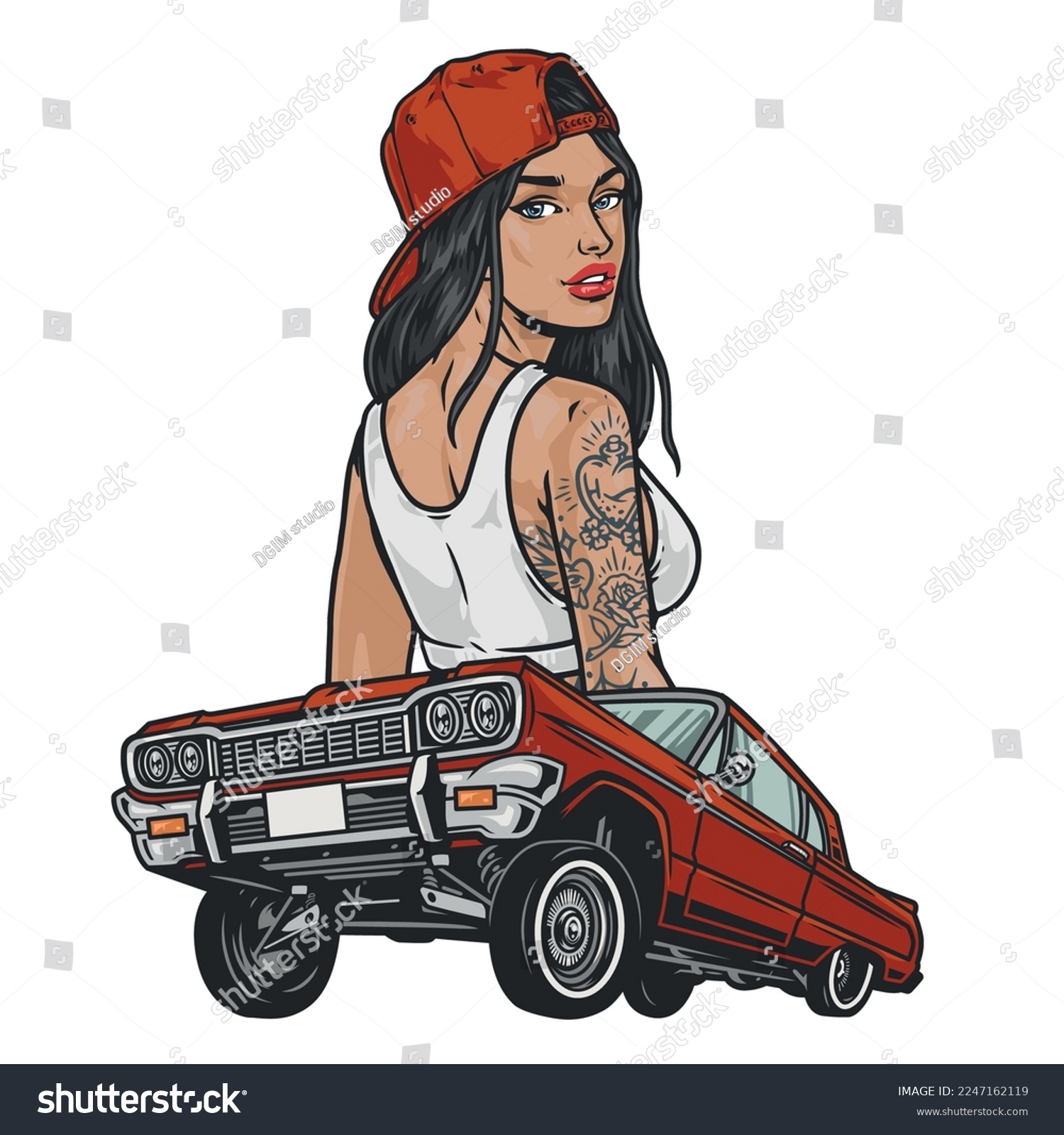 SVG of Cool girl lowrider colorful emblem beauty and jumping retro car to participate in competitions or youth street parties vector illustration svg