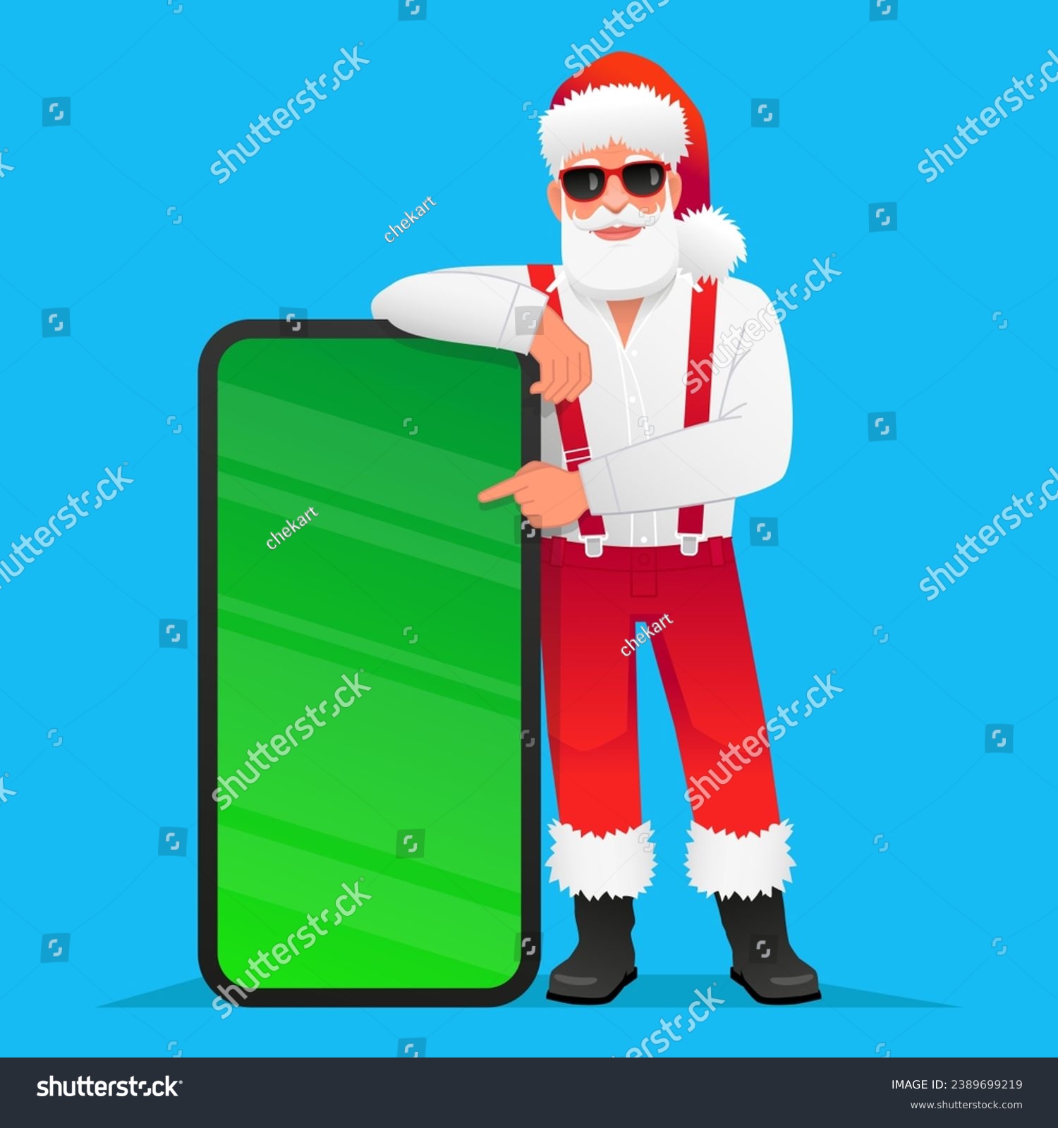 SVG of Cool trendy Santa Claus in sunglasses points to a big phone. Santa in a white shirt with suspenders rests his hand on a huge smartphone with a chroma key. New Year's concept for advertising svg