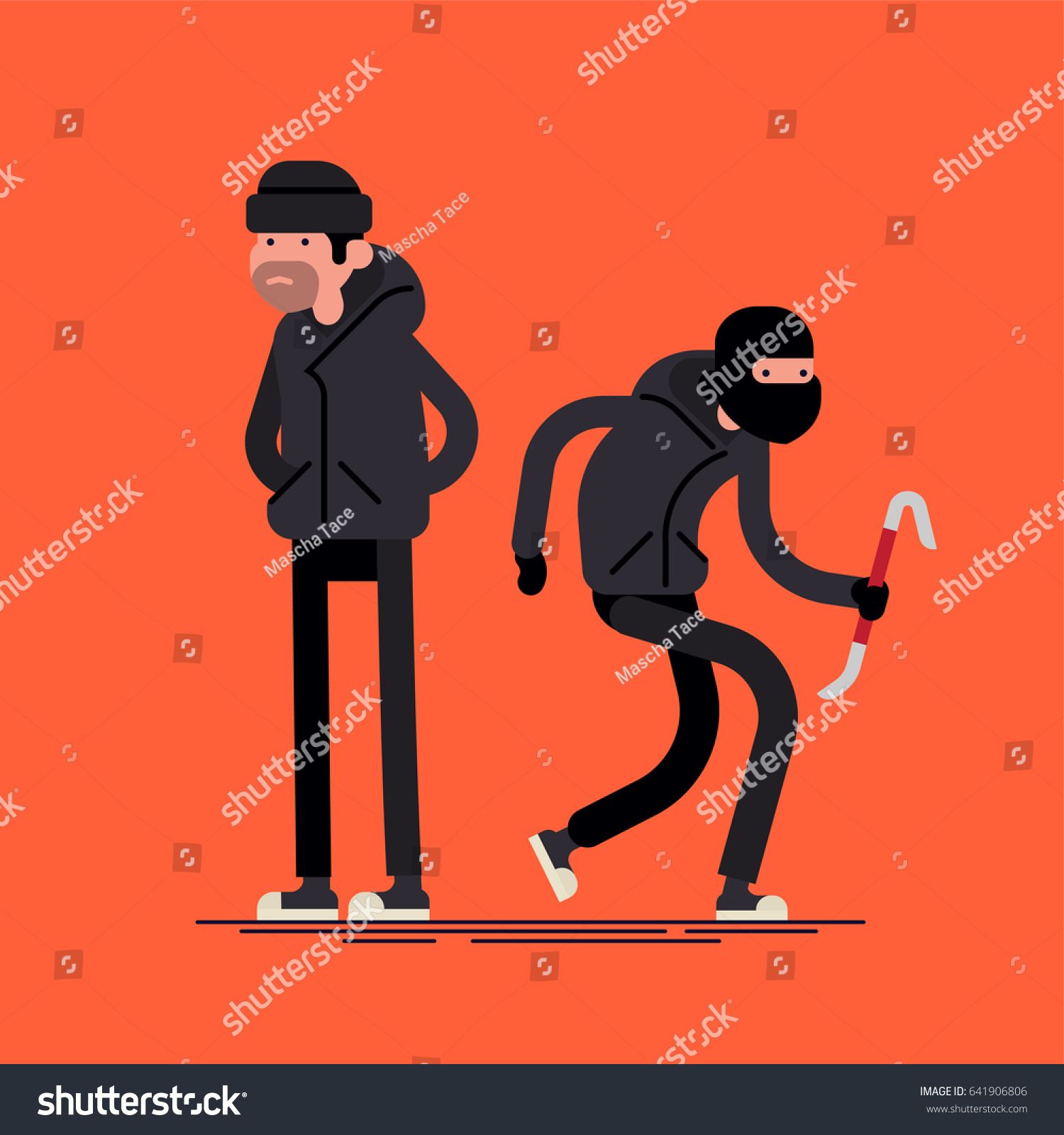 SVG of Cool vector flat character design on burglar. Criminal, thief or robber standing and crouching with balaclava mask and crowbar. Sneaking and standing unfriendly outlaw male person svg