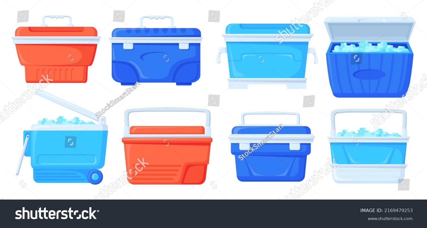 SVG of Cooler boxes. Summer ice bag camping beach picnic, portable fridge for cold food drinks cool beer, mobile refrigerator cube travel thermal delivery box, vector illustration of refrigerator ice bag svg