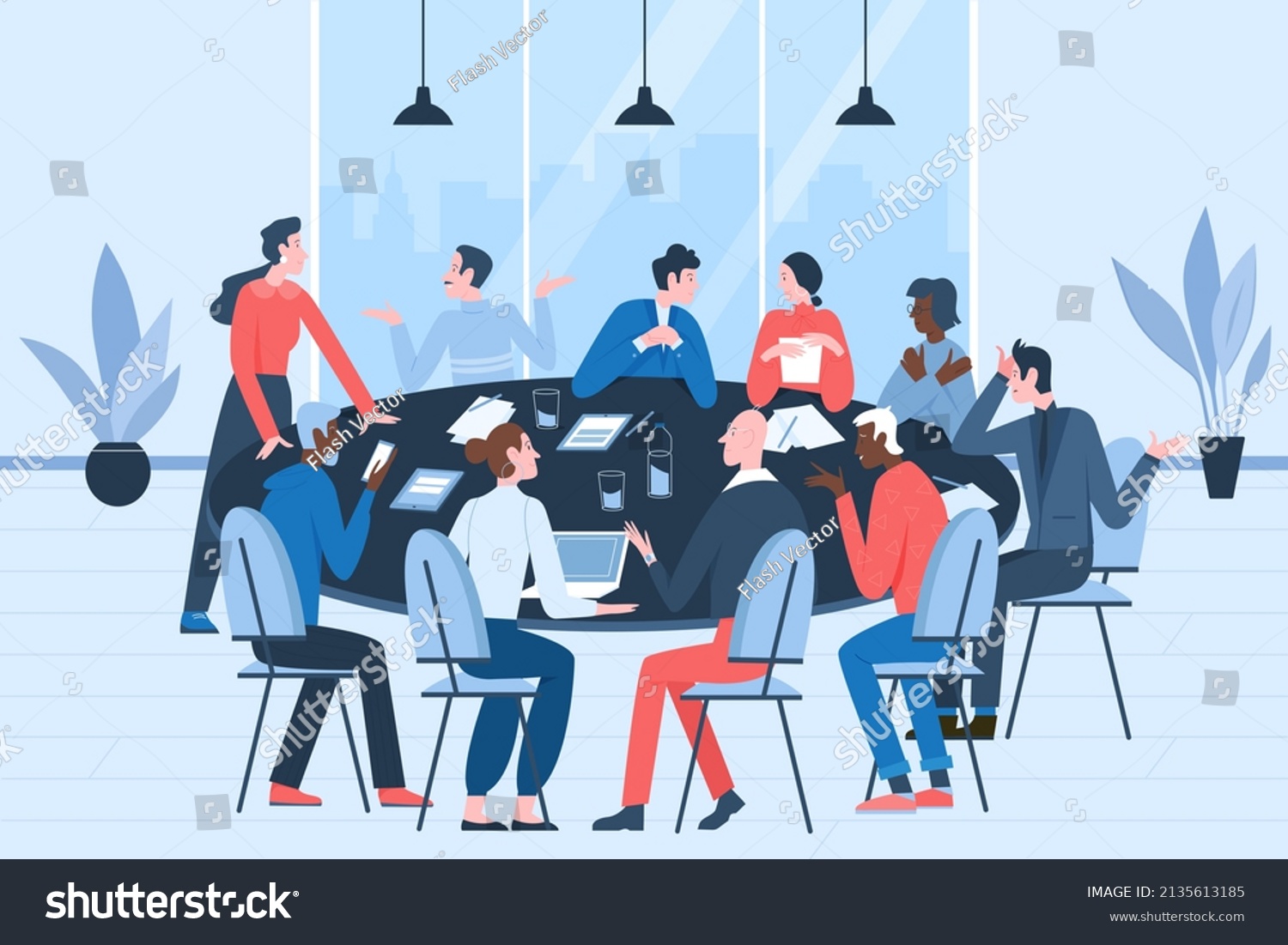 SVG of Cooperation of business people on conference or dispute. Team of employees sitting at round table together and discussing ideas or brainstorming flat vector illustration. Teamwork, brainstorm concept svg