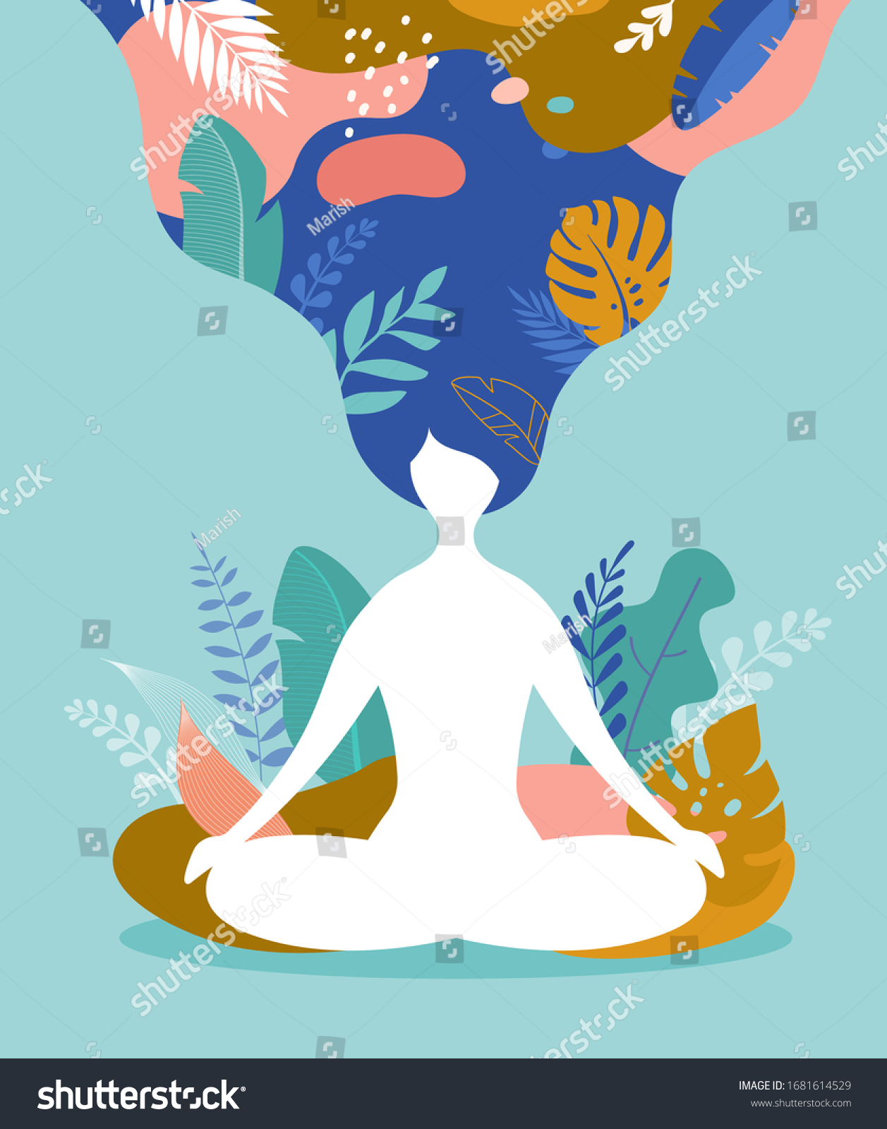 SVG of Coping with stress and anxiety using mindfulness, meditation and yoga. Vector background in pastel vintage colors with a woman sitting cross-legged and meditating. Vector illustration svg