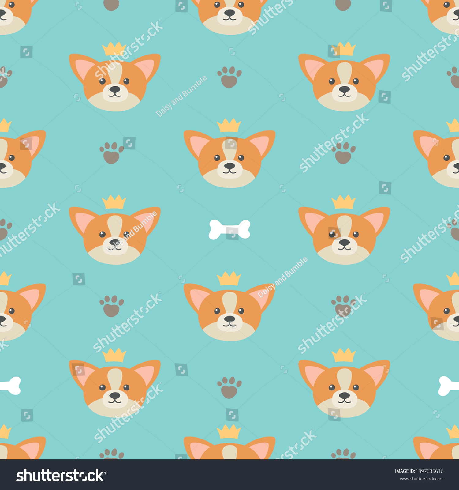 SVG of Corgi dog pattern on a blue background with paw prints, bones. For packaging, wrapping paper, textile  svg