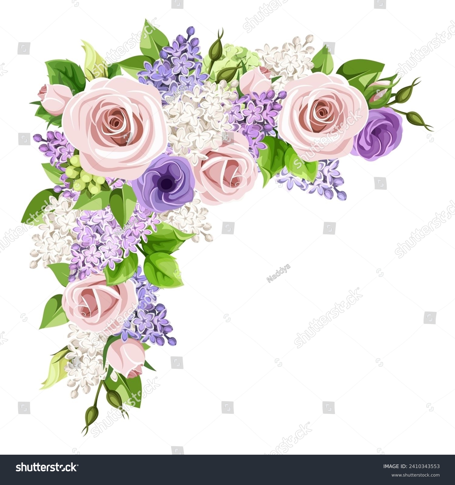 SVG of Corner background with pink rose flowers, lilac flowers, and green leaves. Vector floral border. Hand-drawn illustration, not AI svg